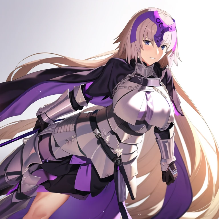 masterpiece, best quality, 1girl, jeanne d'arc (fate), jeanne d'arc (ruler) (fate), armor, armored dress, purple cloak, cape