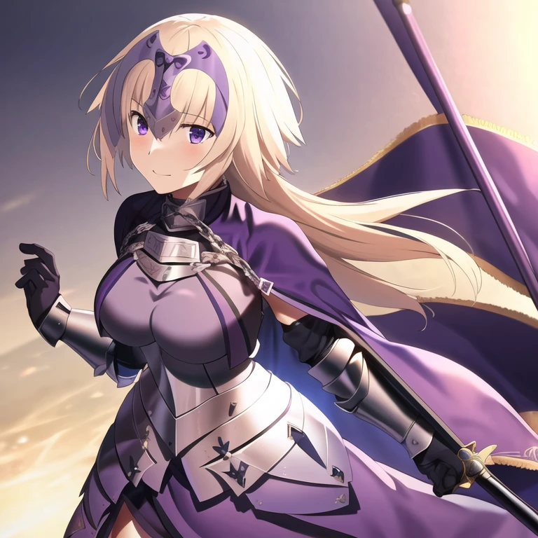 masterpiece, best quality, 1girl, jeanne d'arc (fate), jeanne d'arc (ruler) (fate), armor, armored dress, purple cloak, cape