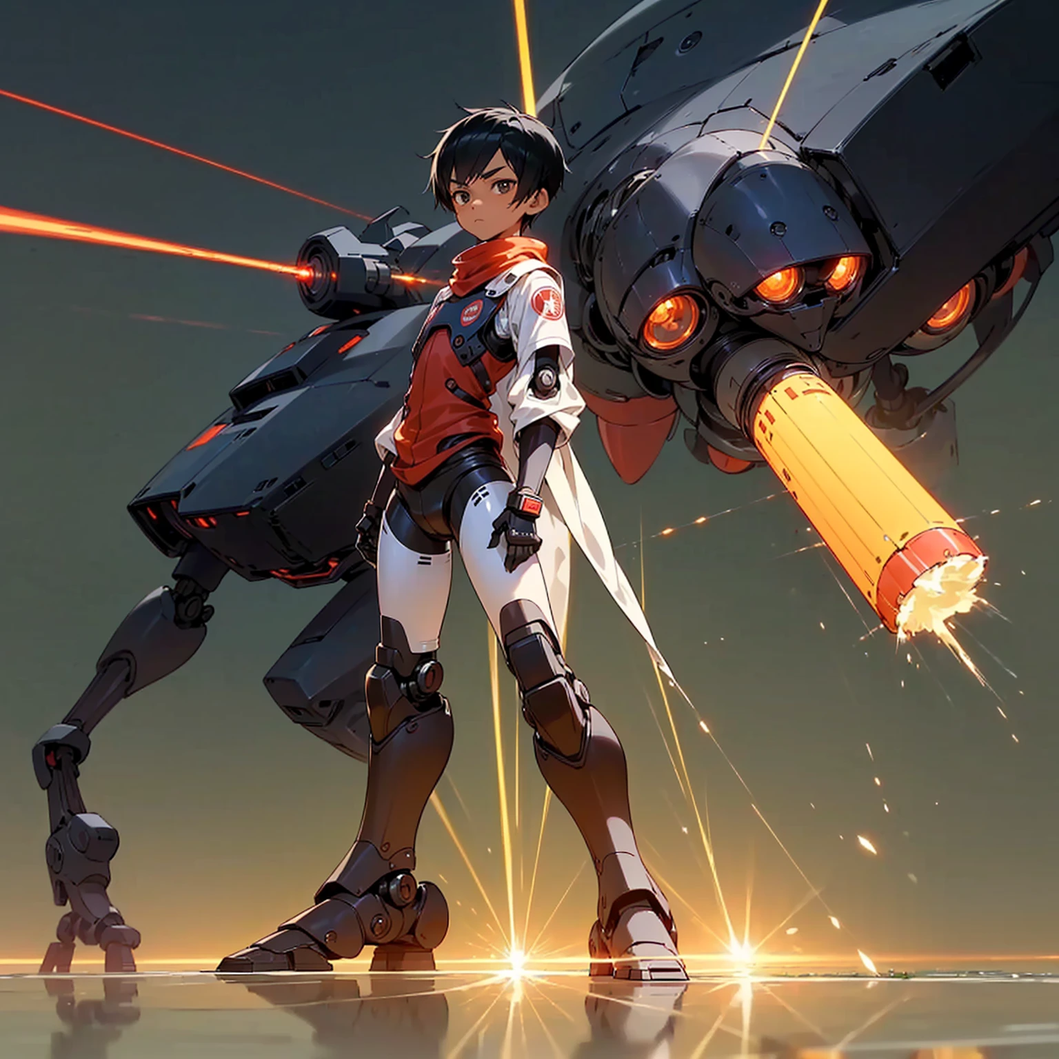 (1Little boy, full body version, African Babies), ((black skin)), (large nose, black eyes, black colored hair), ((1little boy, 1robot, full body robot)), ((big robot mixed with colossal Titan), (sophisticated, has a shooting gun, laser), (Grassroots background)