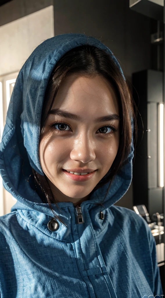 8k, best quality, masterpiece, realistic, ultra detail, photo realistic, hyper realistic, smoother lighting, increase cinematic lighting quality, realistic lighting, backlighting, brightening light, Increase quality, best quality real texture skin, close-up, slender, cute face, smile, beautiful details eyes, 19years old korean, pretty, Drill hair with electric blue color, hood,