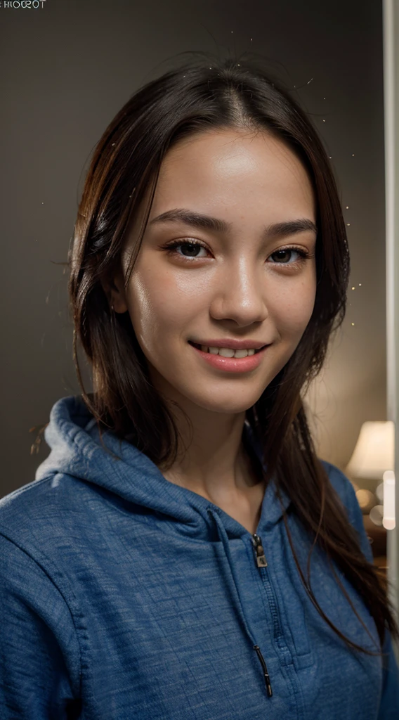 8k, best quality, masterpiece, realistic, ultra detail, photo realistic, hyper realistic, smoother lighting, increase cinematic lighting quality, realistic lighting, backlighting, brightening light, Increase quality, best quality real texture skin, close-up, slender, cute face, smile, beautiful details eyes, 19years old korean, pretty, Drill hair with electric blue color, hood,