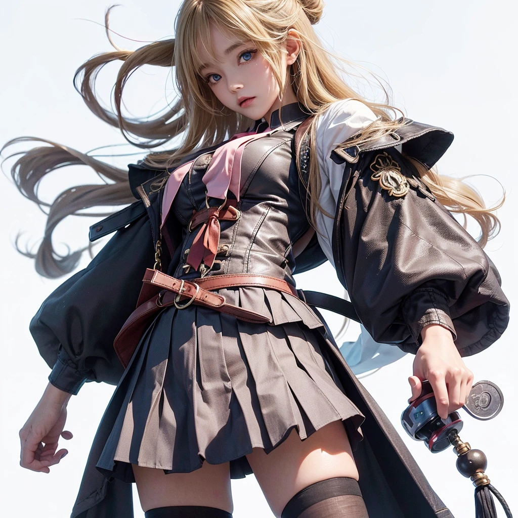 Qiuyue Airi. Ghost Milk, masterpiece, best quality, Super detailed, illustration, Flat Color, Depth of Field, , , 1 girl, young, Japanese cartoon, go home, full length, Blonde, Double tail, looking at the audience, Red pleated miniskirt, Wet white button shirt, Uniforms, Seraph, Blue tie, very good, black tights, Small backpack, detailed leather texture, Detailed fabric texture, Beautiful and delicate face, Large Breasts, blue eyes, tired, A faint smile, Pink panties