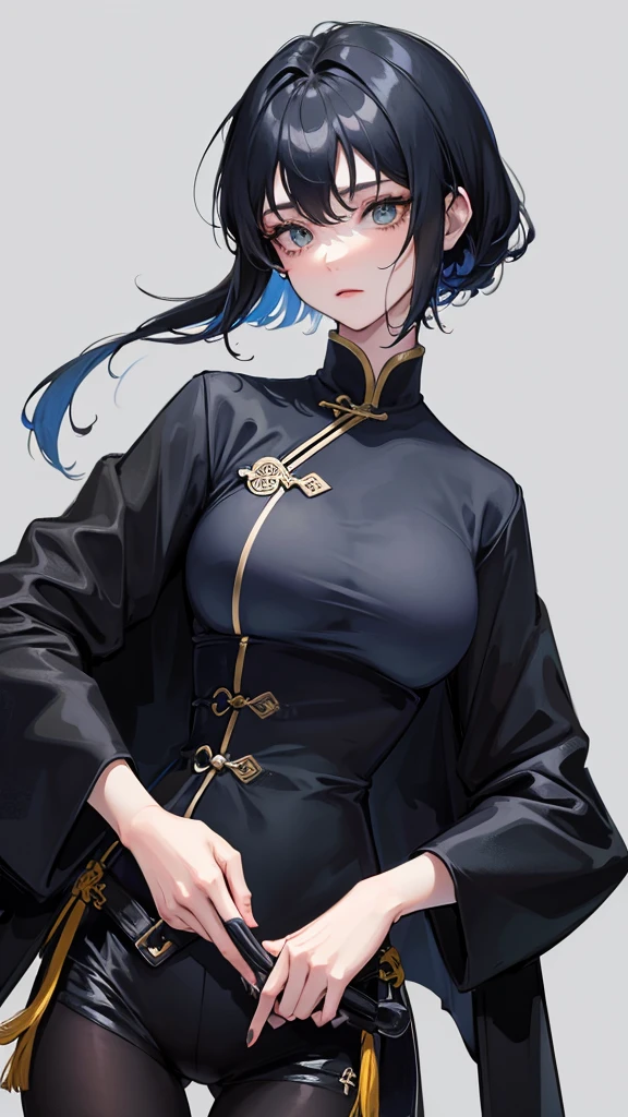 Masterpiece, Best quality, 1 Female, Mature Woman, Elder Sister, young girl, Royal Sister, Cold Face, strong, green eyes, wolfcut short hair, smoky mix navy blue color hair, resolute eyes, simple black and white Taoist Taoist uniform, long black eardrop, Chinese mix morden, frontal photo, blank background, remove background, wolfcut hairstyle, anime, illustration