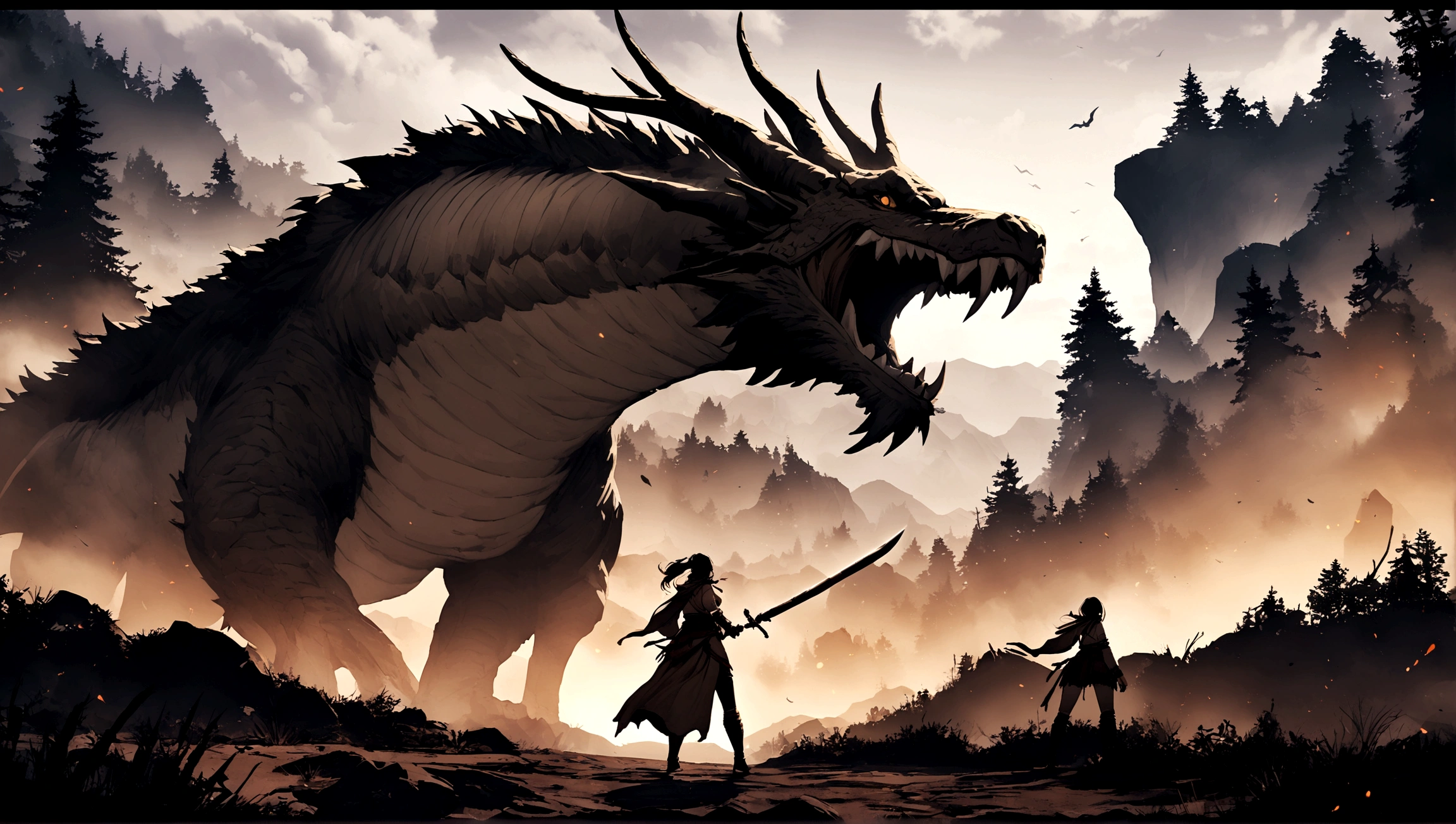 Girl fighting Sekiro game Boss. Girl has a sword. The boss is very big and a dragon. Landscape