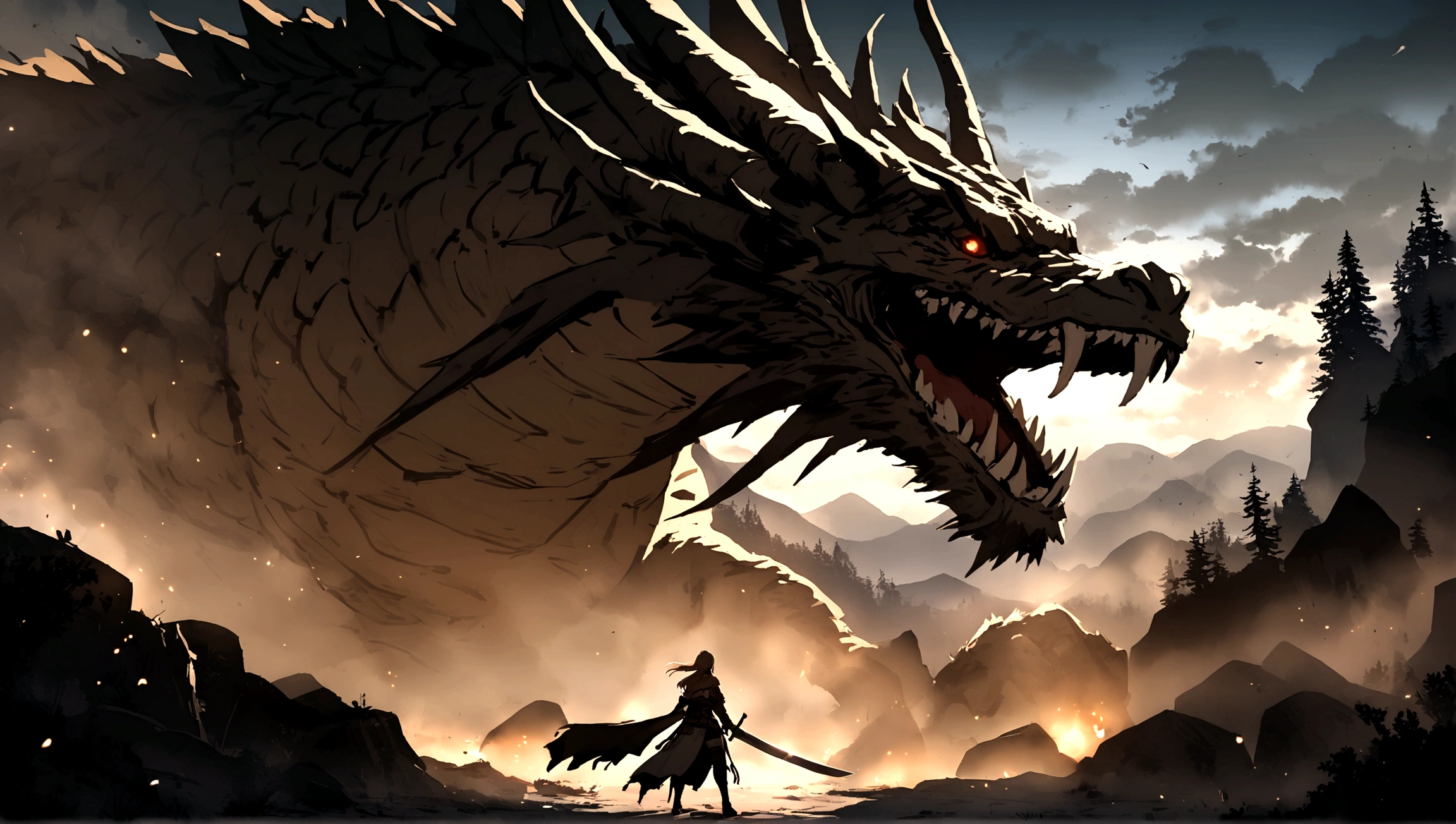 Girl fighting Sekiro game Boss. Girl has a sword. The boss is very big and a dragon. Landscape