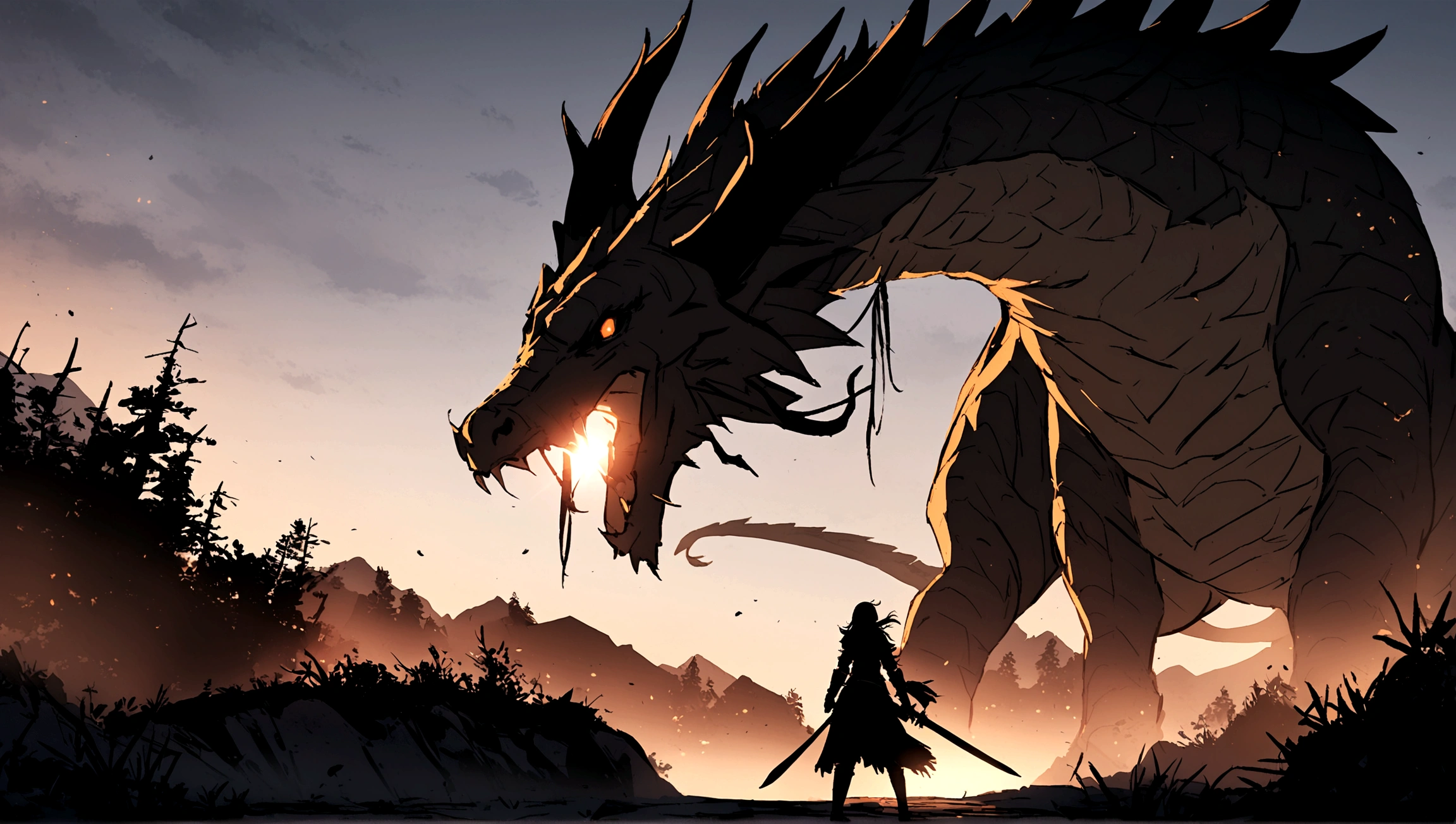 Girl fighting Sekiro game Boss. Girl has a sword. The boss is very big and a dragon. Landscape
