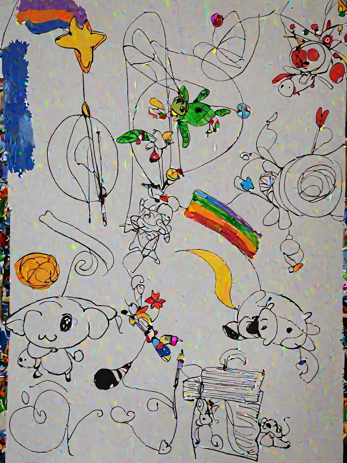 A painting,I drew a bunch of different things., children's artwork, Children's drawings, futuristic city, Children's drawings, Will magic, Beautiful , Happy smiling face, Rich colors, Children's fantasies, Children's drawings, artwork, author:Yuki Ogura, Inspired by Marcel Chagall, very coherent artwork