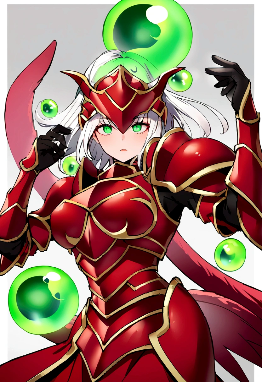 Create a woman she has long straight white hair, and is wearing red dragon armor with green orbs encrusted, his face is covered by the armor's helmet, She has red wings and a red tail sticking out of her armor., armor's eyes are green, his face cannot be seen as the armor covers