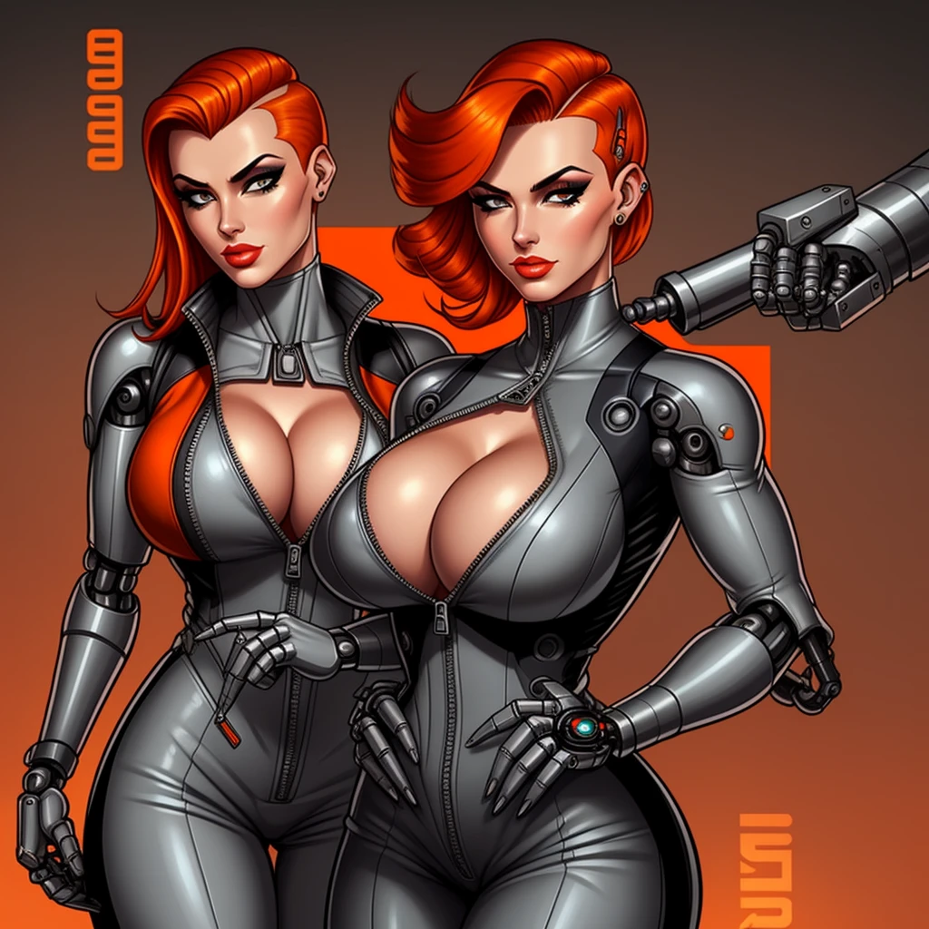 Femme Fatale, gorgeous mechanic, atompunk, blank background, retro-futurism, mechanical hand, cybernetic augments, unzipped orange jumpsuit, gunmetal grey, cleavage, half shaved head, ginger hair