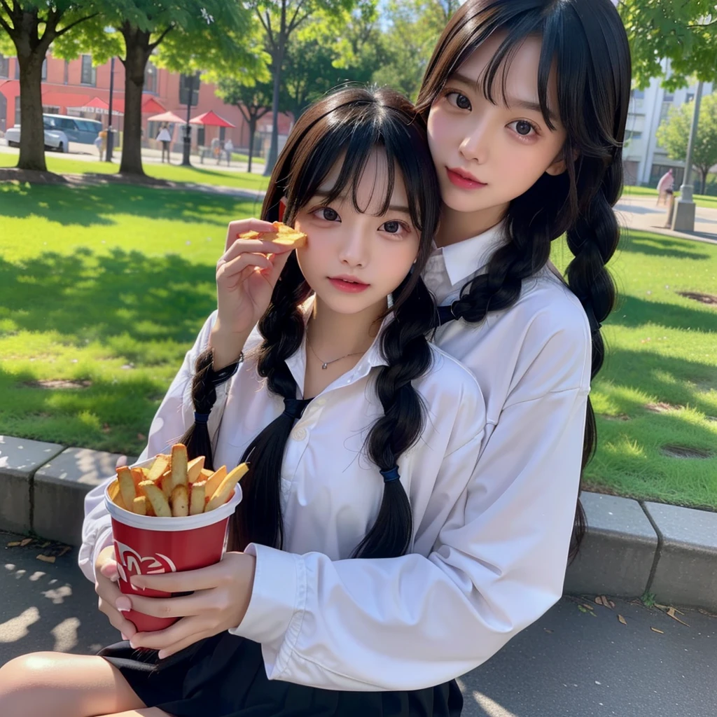 top-quality、8K、32k、masterpiece、nffsw:1.2)、1girl in、A darK-haired、braid、Heavy bangs、long sleeved shirt、length hair、School Uniforms、flat chest、after school、Eating fries in the park、great joy