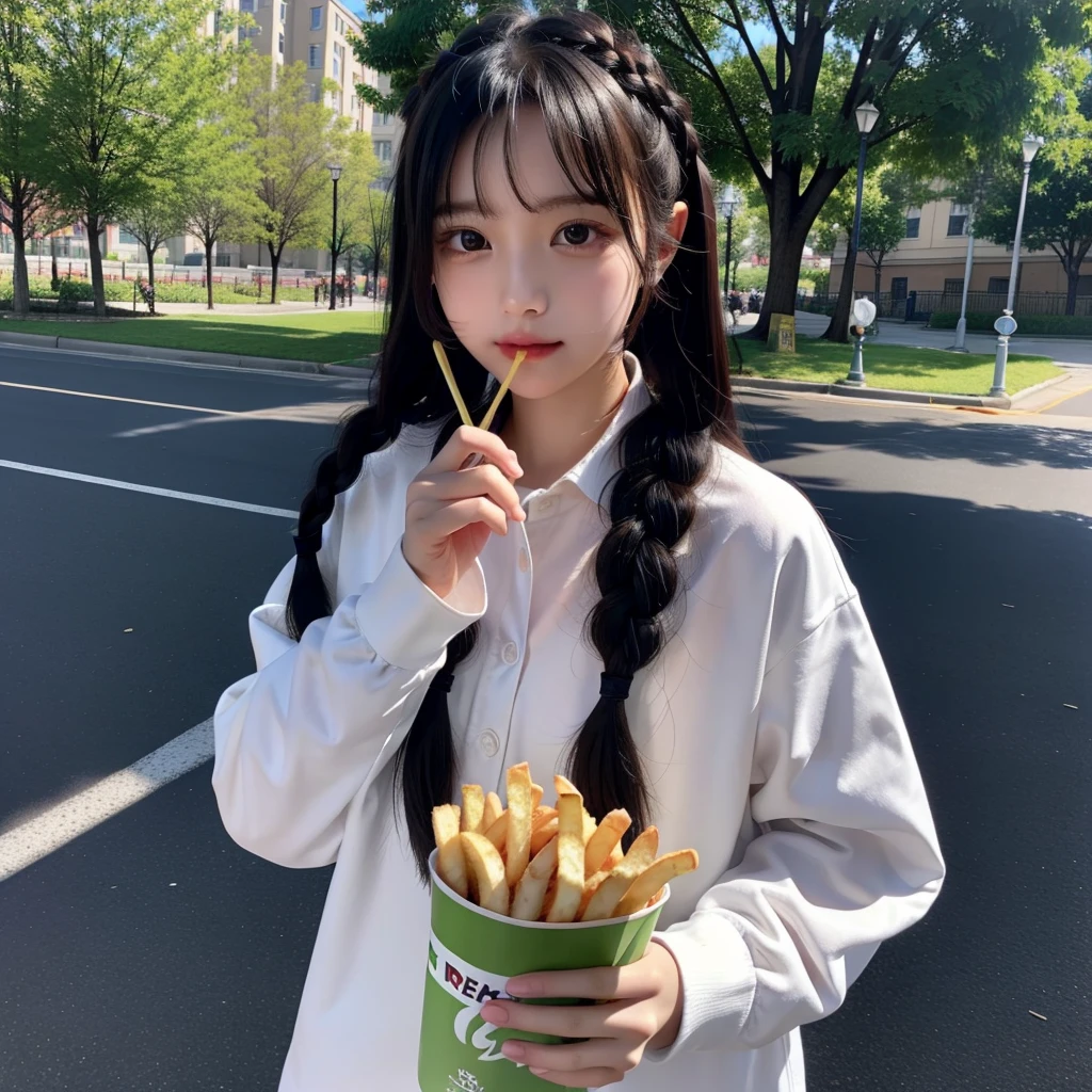 top-quality、8K、32k、masterpiece、nffsw:1.2)、1girl in、A darK-haired、braid、Heavy bangs、long sleeved shirt、length hair、School Uniforms、flat chest、after school、Eating fries in the park、great joy
