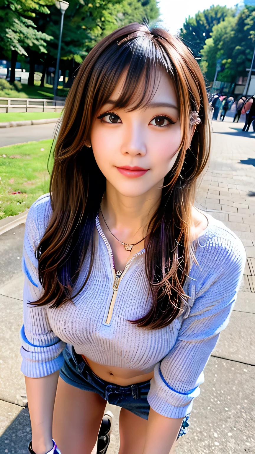 seed:4195271995,((Full Body Angle:1.１)),((Highest quality, 8K, masterpiece: 1.3)), concentrated: 1.2,Front hair:1.3, Cute girl 1,Nipples erect、 Perfect beauty: 1.4,Colorful ribbed knit half-zip T-shirt、Shorts,: 1.2,Randall Color、comics＆Text Graphics、Black,1.1, Highly detailed face and skin textures, Fine grain, double eyelid, whitening skin, ,Highest quality,Ultra-high resolution,you,1 girl,alone,_Shiny_skin,Iris,necklace,((brown_length_Wavy_hair)),(lips)),eyelash,Front hair,deal with,compensate,Shiny,pore,skin big breasts、(smiling face)、Front hair、Walking in the park、walk