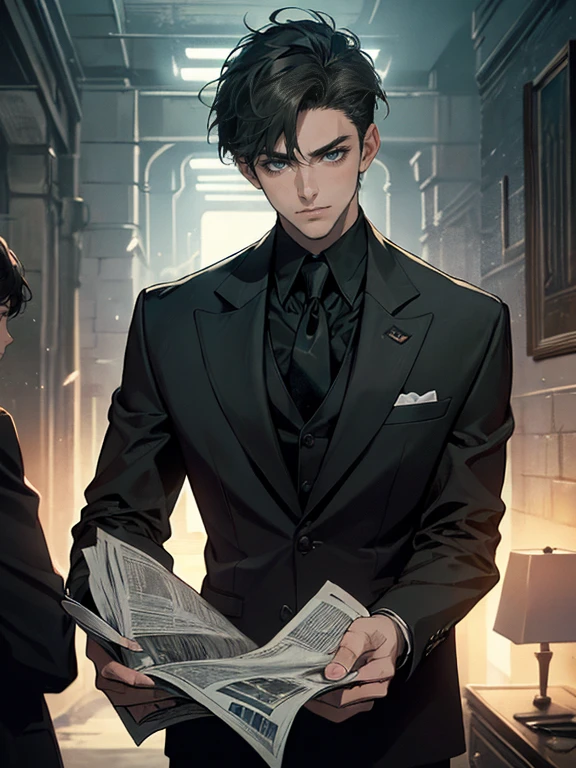 ((One young man in a black suit and tie)), Gotham, alejandro, (((Dark short hair swept to the side))), (dark green eyes and thick eyebrows), grin, ((20-year-old)), ((masterpiece)), read the newspaper , ((cinematic lighting)),