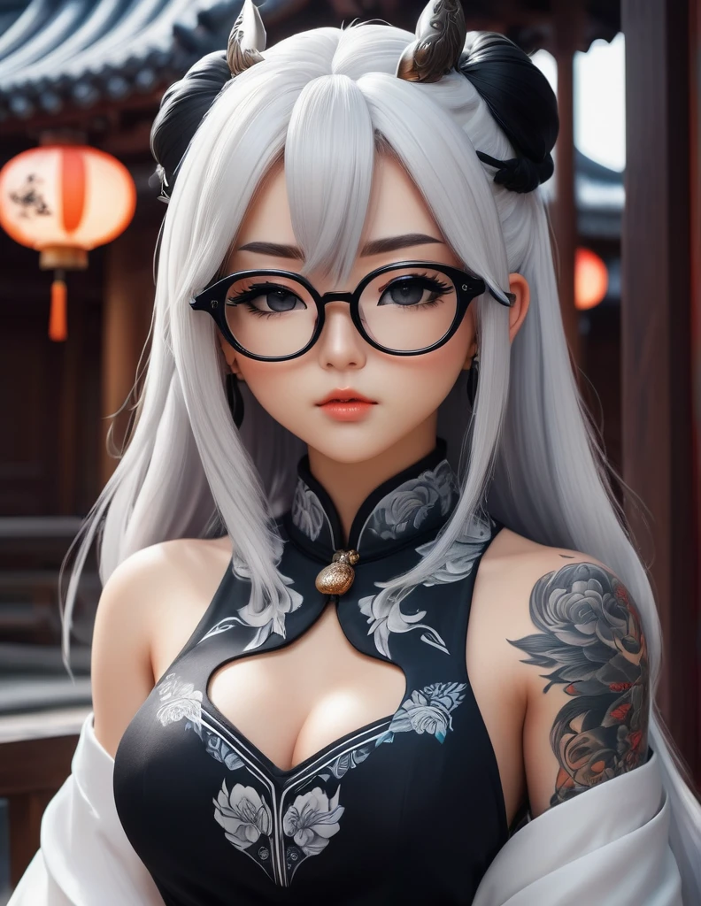 quality(8k wallpaper of extremely detailed CG unit, masterpiece, hight resolution, top-quality, top-quality real texture skin,hyper realisitic, digitial painting,increase the resolution,RAW photos,best qualtiy,highly detailed,the wallpaper),BREAK,8K, onmyoji-style art, black and white long hair , muscular girl, owel tattoos, black dress, full face, close up shot, big glasses in , Chibi
