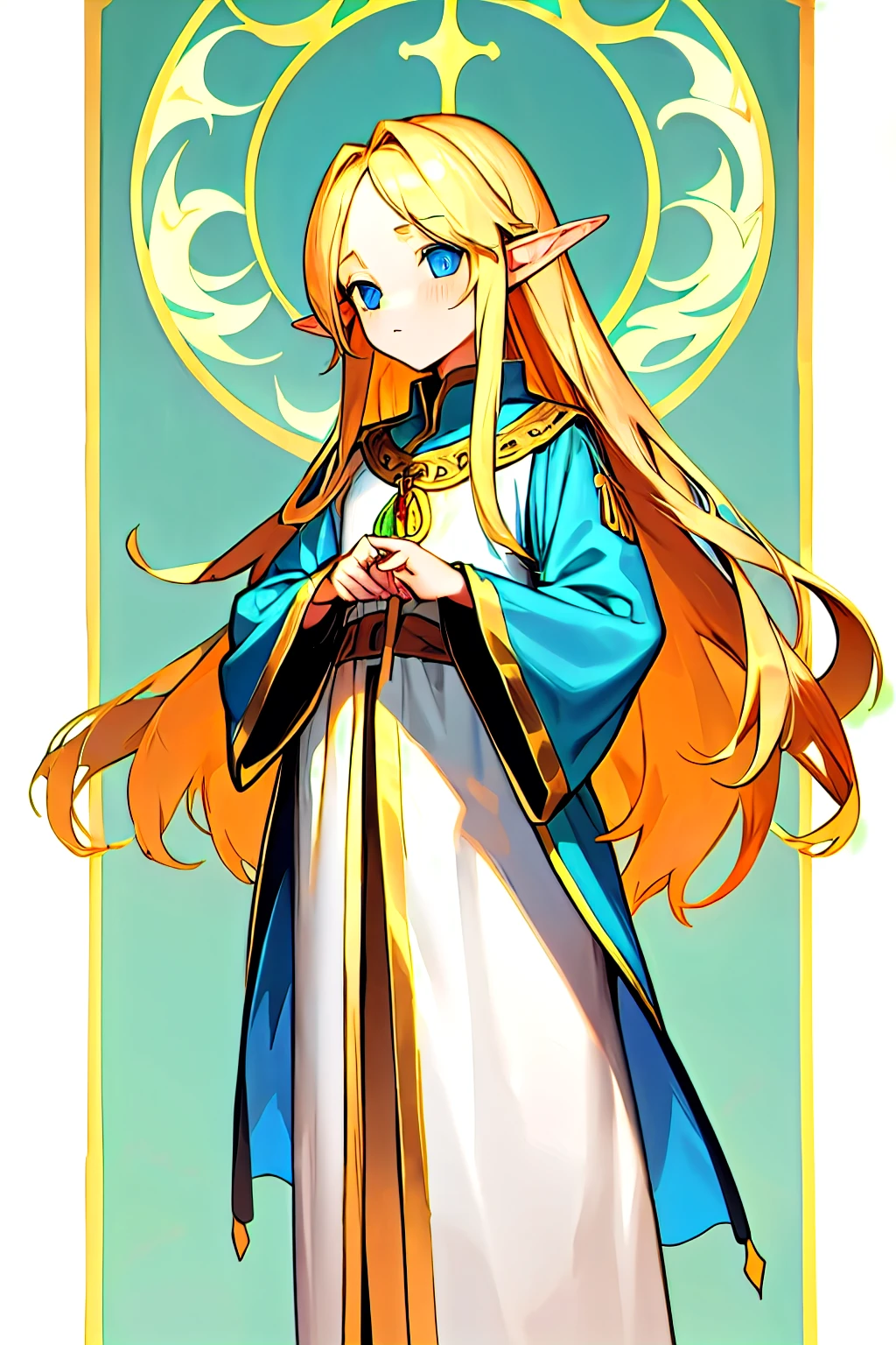 Elf, short stature, Golden Long Hair, Blue eyes, ceremonial medieval tunic