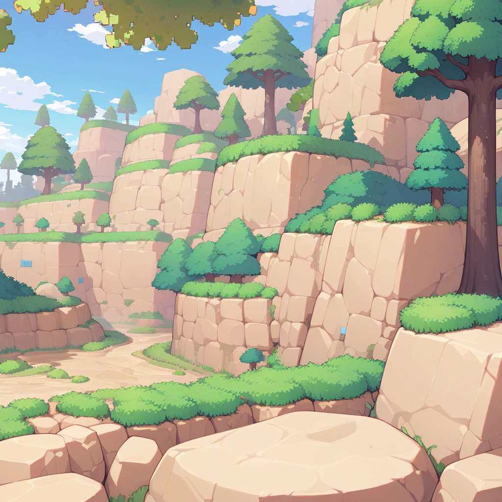 retro video game style,pixelated, vibrant pastel colors,8-bit characters,blocky shapes,sharp lines,detailed shading,classic gaming vibe,nostalgic atmosphere,classic arcade games,masterpiece:1.2,ultra-detailed,illustration style, 2d texture, stone texture, 4 k seamless mud texture, video game texture, dirt texture, tileset, game tiles, grass, trees, rock texture, detailed trees, topdown view, game texture, game art, tileable texture, very detailed cliff texture, intricate stones, top down view, 3/4th perspective