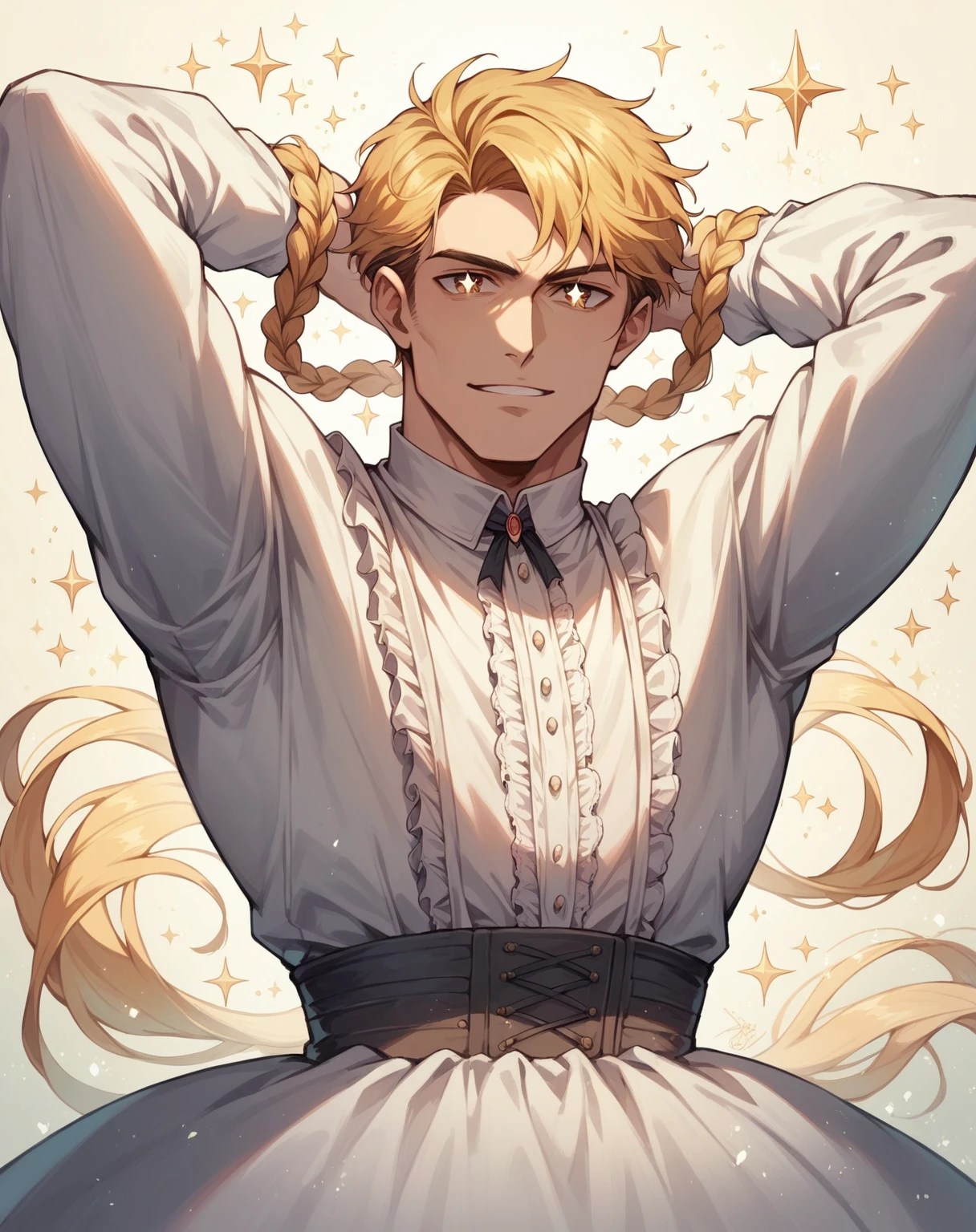 best quality, masterpiece, upper body,
(adult:1.6) hungarian man, (smirk:0.4), arms behind head,
braided golden hair,
sparkling eyes,
victorian sundress,
floating light particles, centered,