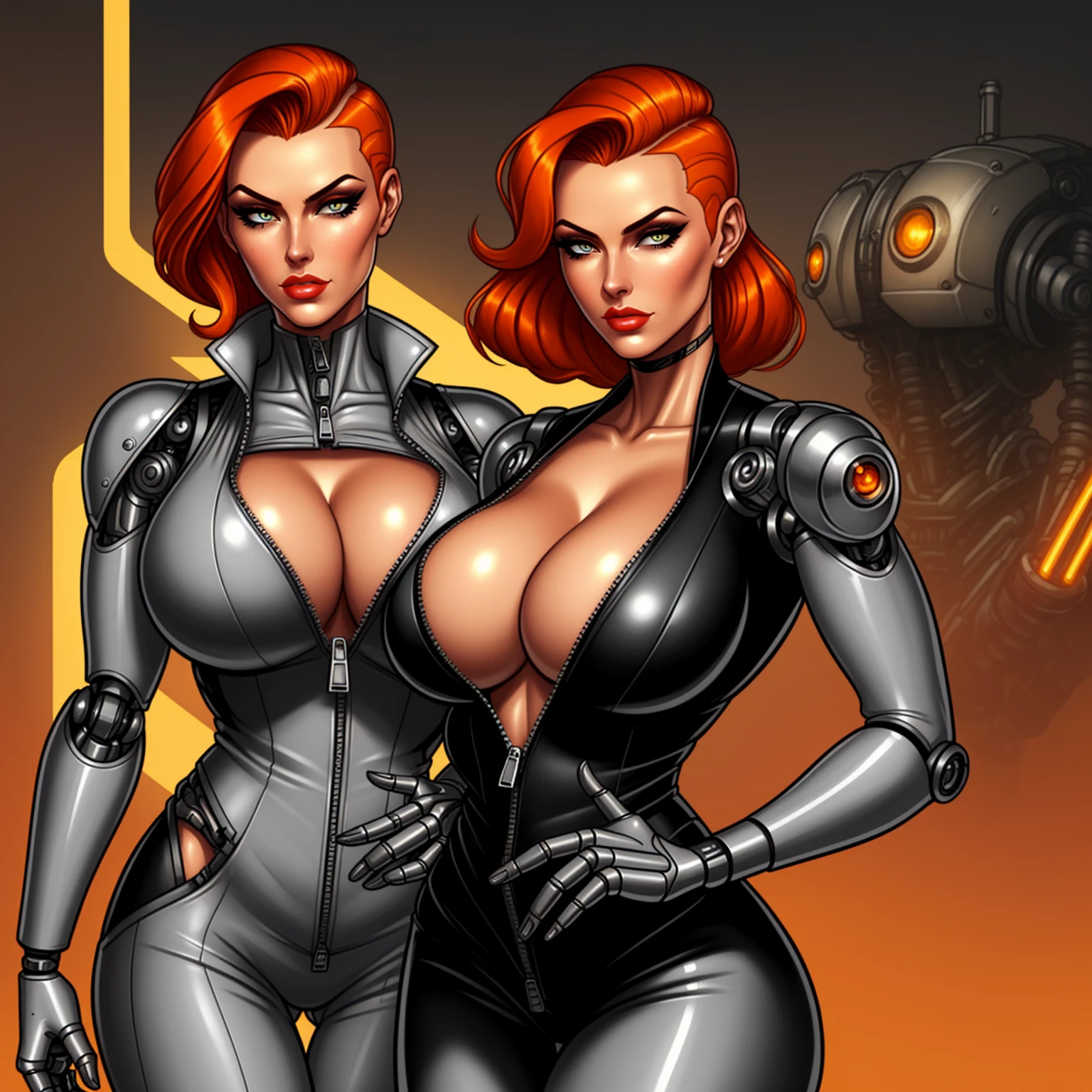 Femme Fatale, gorgeous mechanic, atompunk, blank background, retro-futurism, mechanical hand, cybernetic augments, unzipped orange jumpsuit, gunmetal grey, cleavage, half shaved head, ginger hair, extra arm