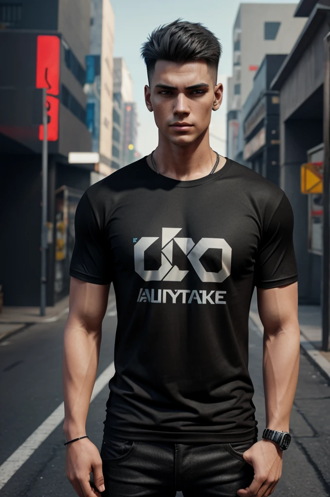 Create a 3d realistic cyberpunk boy wearing a black t shirt with good logo on the shirt