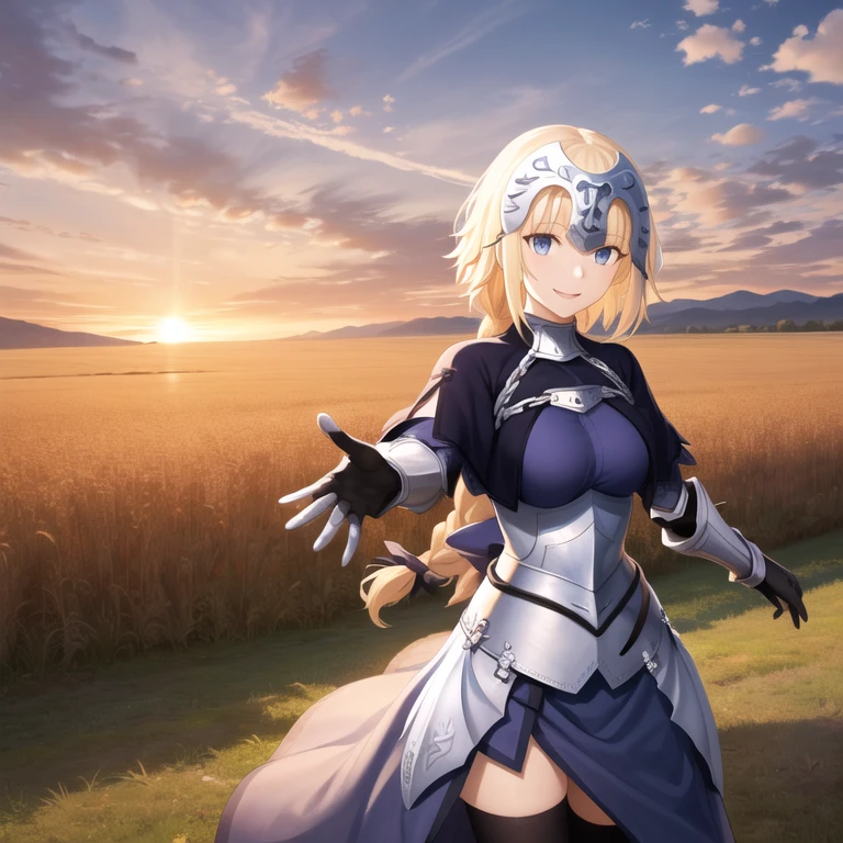 masterpiece, best quality, highres, aajd, long hair, single braid, long braid, headpiece, blue capelet, blue shirt, armor, armored dress, blue dress, blue cloak, cape, gauntlets, black thighhighs, smile, reaching out, sunset, field,