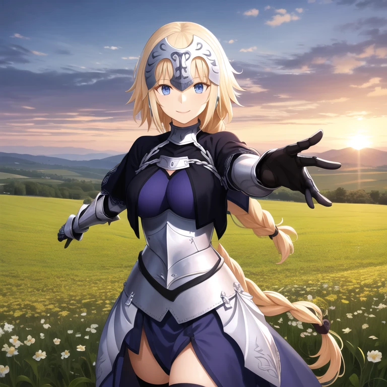 masterpiece, best quality, highres, aajd, long hair, single braid, long braid, headpiece, blue capelet, blue shirt, armor, armored dress, blue dress, blue cloak, cape, gauntlets, black thighhighs, smile, reaching out, sunset, field,