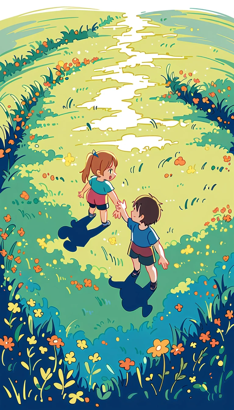 Create an image of 2 children playing on a rice field ridge, under a clear and cheerful sky. They are playing rock-paper-scissors.