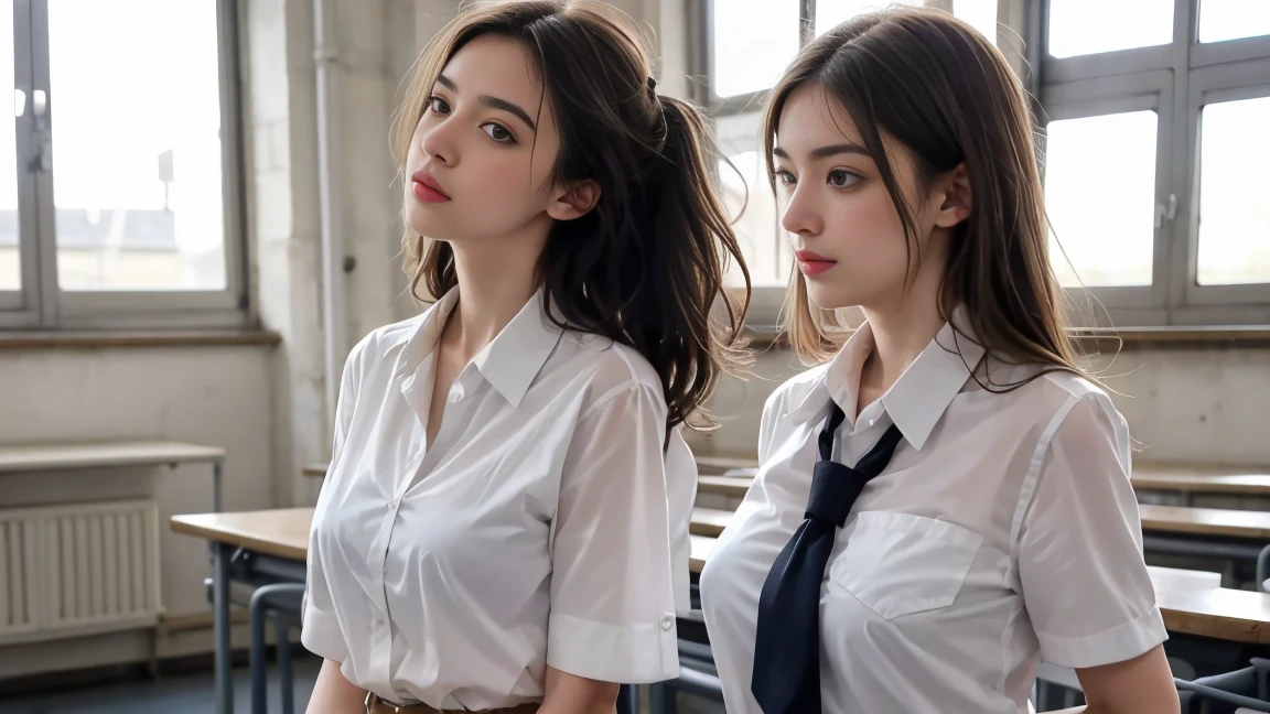 deux femmes ensemble de 18 ans sexy et mince , short sleeve uniforme école, salle de classe, se touche,position sey,sensuel