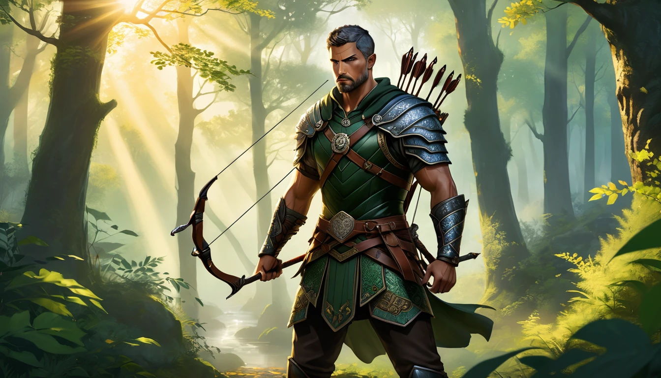 The archer is a striking figure, mid-draw with a beautifully crafted bow. His muscular arms are taut, and his intense gaze is locked on a distant target. He wears a medieval-style outfit adorned with intricate patterns and leather armor. The background is a lush, green forest bathed in the golden light of the setting sun, casting dramatic shadows. Wisps of mist curl around his feet, and the foliage is vibrant and detailed, enhancing the scene's mystical and awe-inspiring atmosphere.