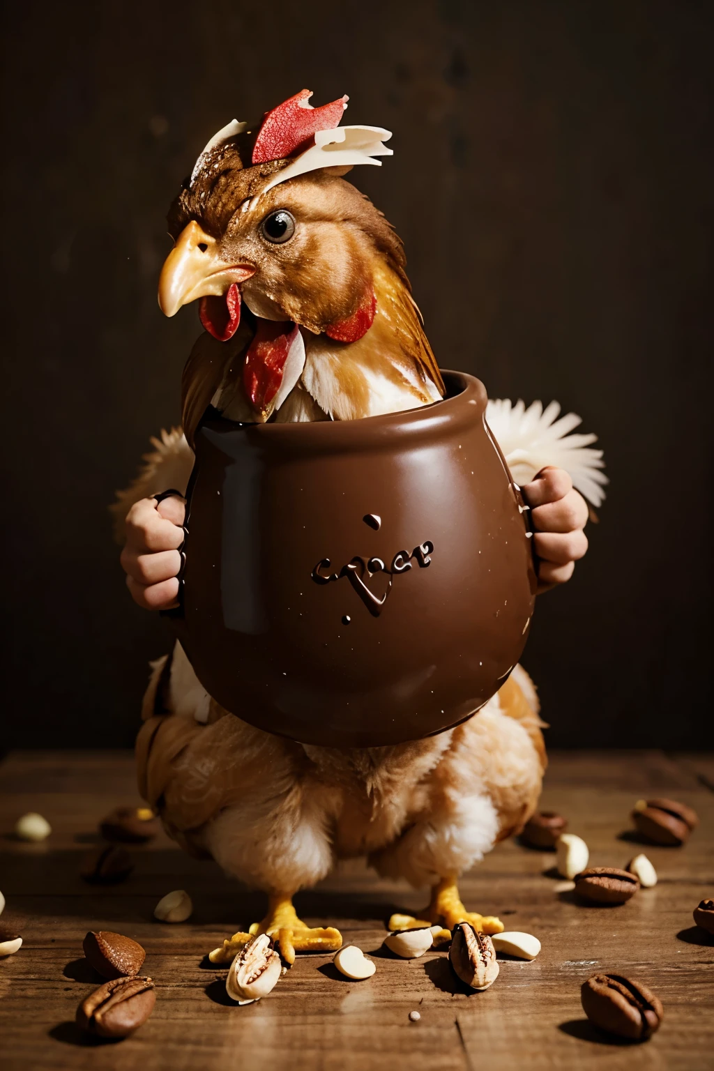 Chicken holding coffee, chocolate, nuts