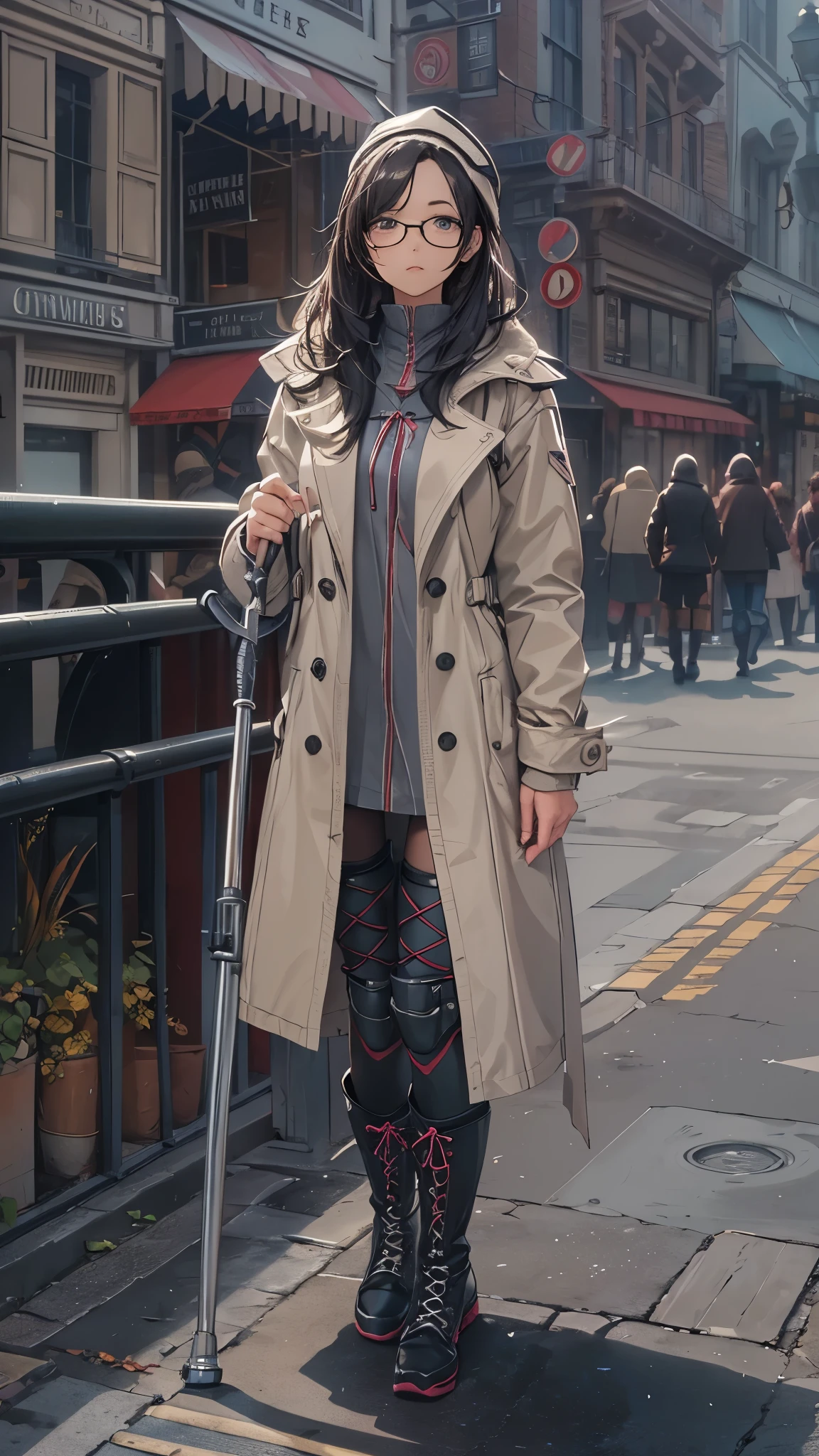 (Very detailed, Realistic), Cityscape, [moderately:Oil], [Professional:1.1], [Physically Based Rendering], [Bright colors], [Sharp focus], [Studio Lighting], [Extreme Detail], [Highest quality,4K,8K,High resolution,masterpiece:1.2],(Detailed face),((inside the street)),((there is many peoples in the street)),((One 18-year-old woman)),(Glasses),(Black unkempt hair),(dark),(it hurts),(Scary),[Nervous eyes],((many peoples are watching her of crutche’s user)),((She walks with crutch,Crutch length from armpit,Crutch are at her side)),((she leans on crutch)),((she’s putting on her legs in cast)),((leg braces)),((leg braces)),((she’s crutches user)),((Her feet are turned inwards)),(winter clothes ladies fashion,trench coat,tights),((lace-up-long-boots)),(gloves,Knee pads),.