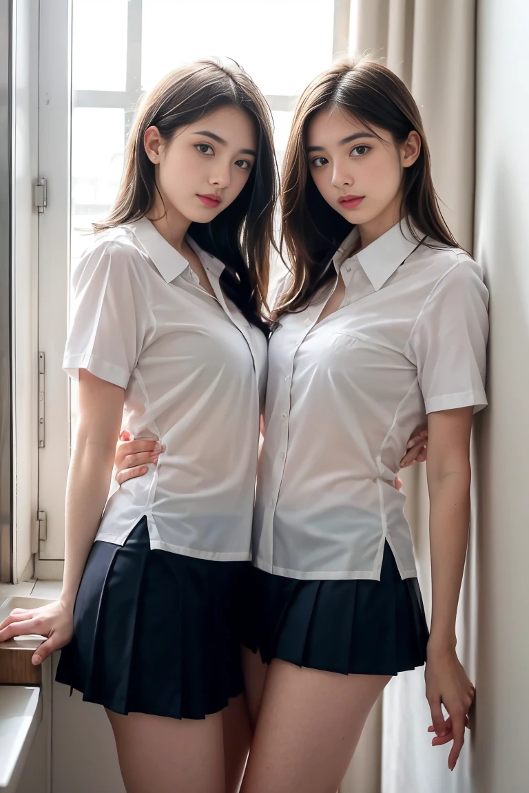 (masterpiece、highest quality)、Beautiful illustrations、Gazing at the viewer、Beautiful thighs、Front view、1 girl、high school girl、18-year-old、Shiny skin、(Random Hairstyles)、Big eyes、Long eyelashes、very tall、 Beautiful Hair、Beautiful Face、Beautiful Eyes、 Beautiful breasts、Beautiful thighs、Beautiful legs、Beautiful fingers、(((open shirt、Short sleeve white collar shirt open、Pleated skirt)))、((Random color bow tie))、(In the classroom)、Are standing、((smile))、(((((Skirt lift with both hands、I can see her panties and nipples, small breasts)))))