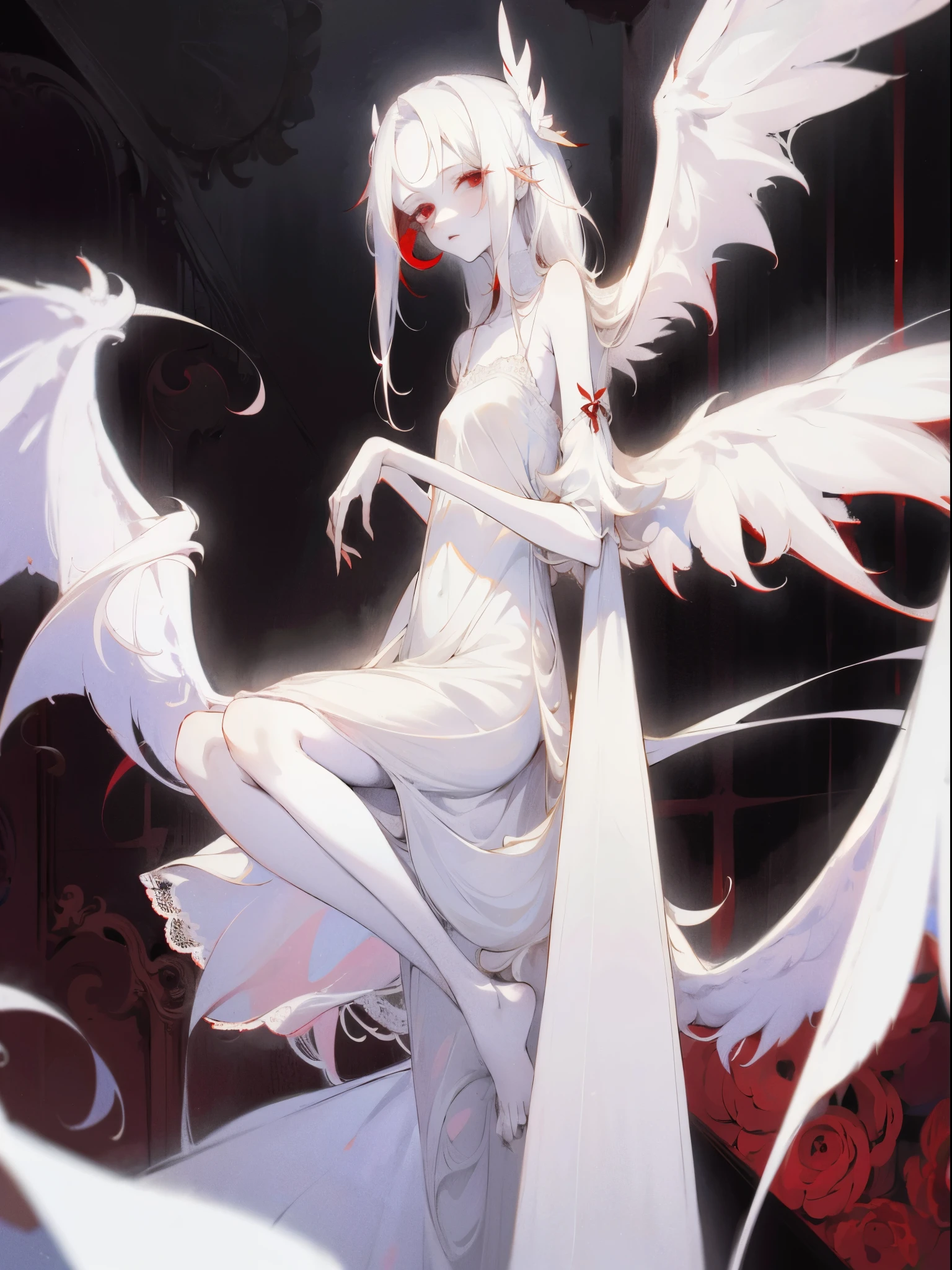 1girl, long white hair, red eyes, wearing white lace sling nightdress, white wings, bedroom, absurdres, high res, ultrasharp, 8K, masterpiece, looking at viewer, albino, pale