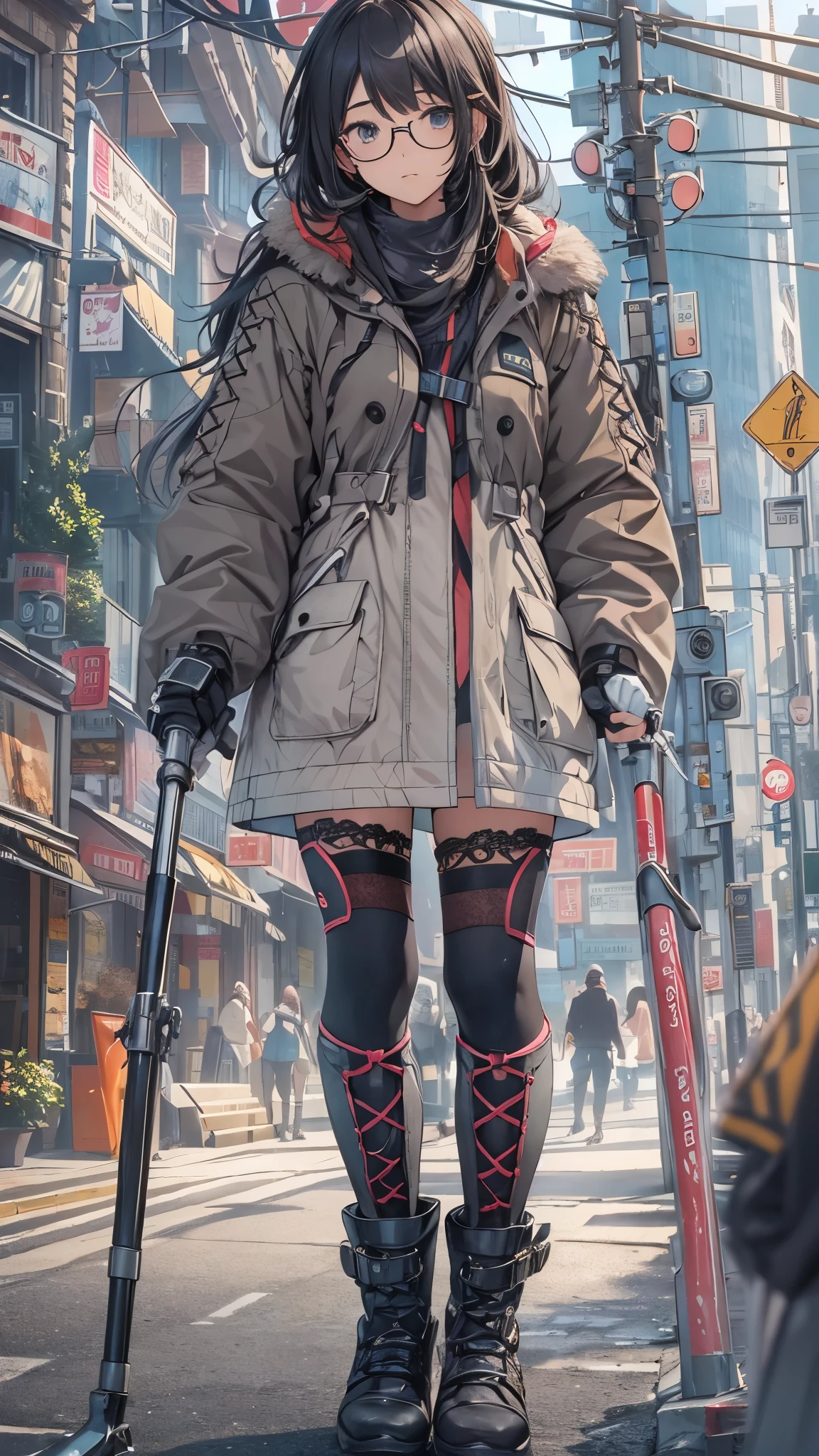 (Very detailed, Realistic), Cityscape, [moderately:Oil], [Professional:1.1], [Physically Based Rendering], [Bright colors], [Sharp focus], [Studio Lighting], [Extreme Detail], [Highest quality,4K,8K,High resolution,masterpiece:1.2],(Detailed face),((inside the street)),((there is many peoples in the street)),((One 18-year-old woman)),(Glasses),(Black unkempt hair),(dark),(it hurts),(Scary),[Nervous eyes],((many peoples are watching her of crutche’s user)),((She walks with crutch,Crutch length from armpit,Crutch are at her side)),((she leans on crutch)),((she’s putting on her legs in cast)),((leg braces)),((leg braces)),((she’s crutches user)),((Her feet are turned inwards)),(winter clothes ladies fashion,trench coat,tights),((lace-up-long-boots)),(gloves,Knee pads),.