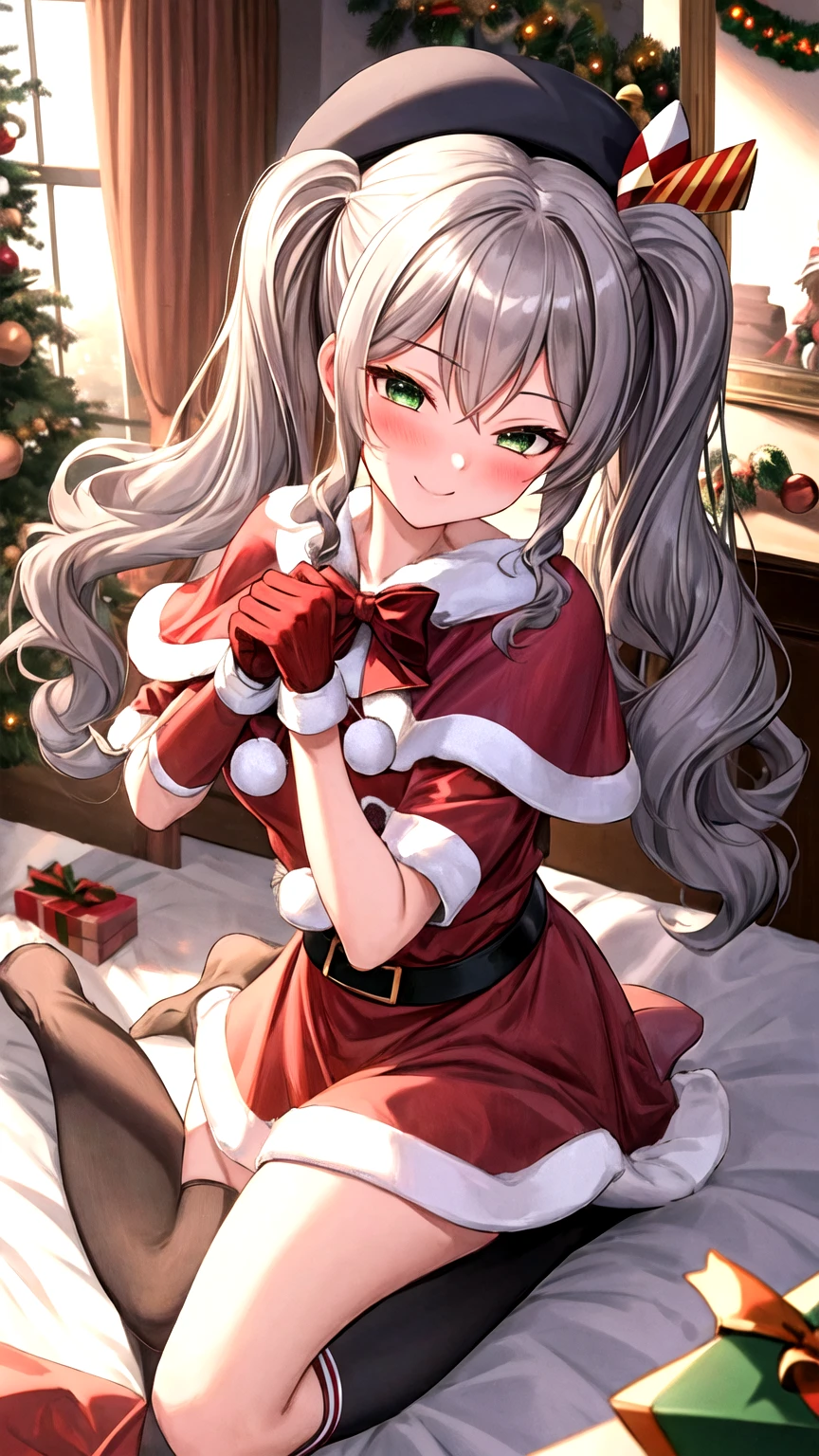 Highest quality, masterpiece, High resolution, 一人in, {Kashima_Fleet Collection:1.15}, Twin tails, gray_hair, Wavy_hair, green_eye, chest, blush, length_hair, smile, hin, big_chest, beret, One girl, Bell, Christmas, Looking_in_Audience, hair_ornament, Santa_Costumes, Capelet, Santa_hin, hair_Bell, gloves,Knee-high socks、長いgloves