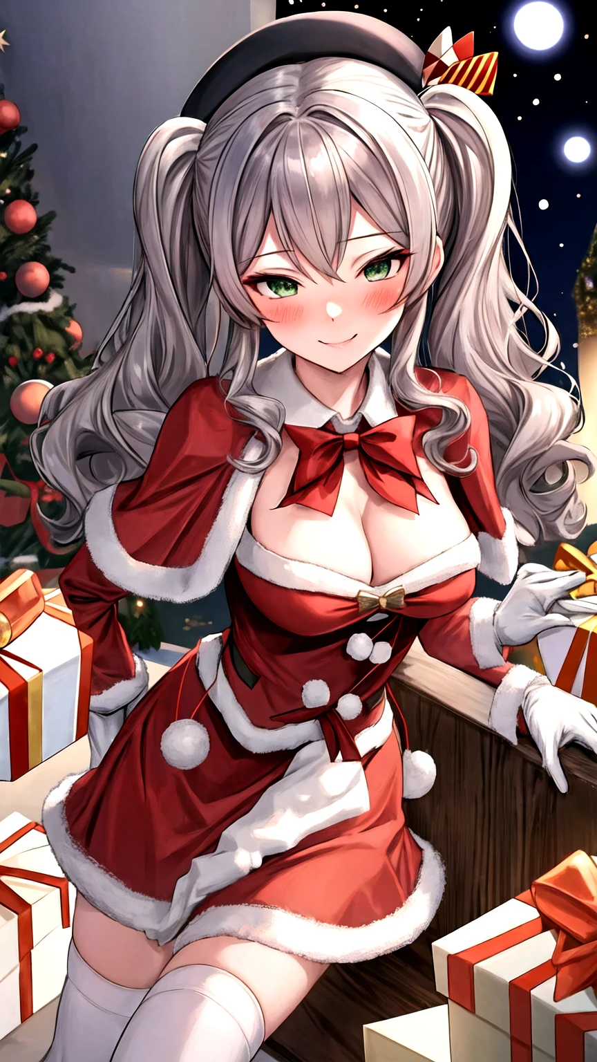 Highest quality, masterpiece, High resolution, 一人in, {Kashima_Fleet Collection:1.15}, Twin tails, gray_hair, Wavy_hair, green_eye, chest, blush, length_hair, smile, hin, big_chest, beret, One girl, Bell, Christmas, Looking_in_Audience, hair_ornament, Santa_Costumes, Capelet, Santa_hin, hair_Bell, gloves,Knee-high socks、長いgloves