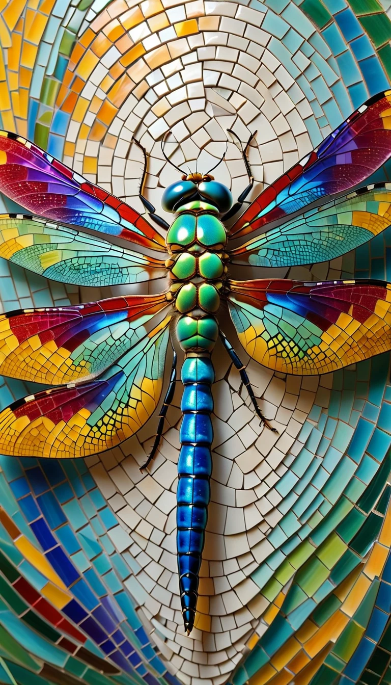 A dragonfly emerging from its cocoon, its wings unfurling to reveal a stunning mosaic of colors and patterns, symbolizing transformation and growth.
