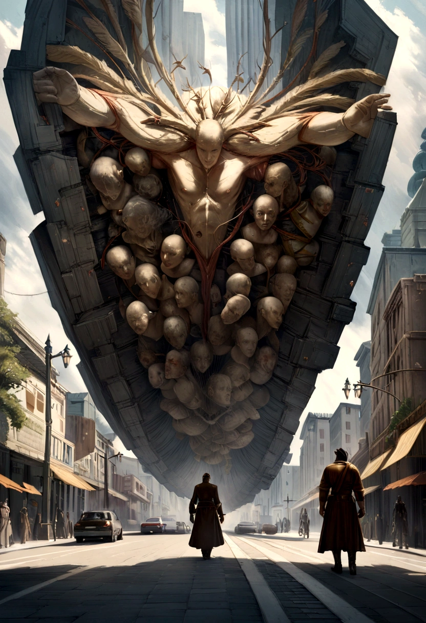 (melhor qualidade, Altas, artistic masterpiece, Realistic:1.2), atmosfera sombria e misteriosa, Young man walking on sidewalk with moving cars in a city, Eerily poetic, Psychological dissection, Conceptual exploration