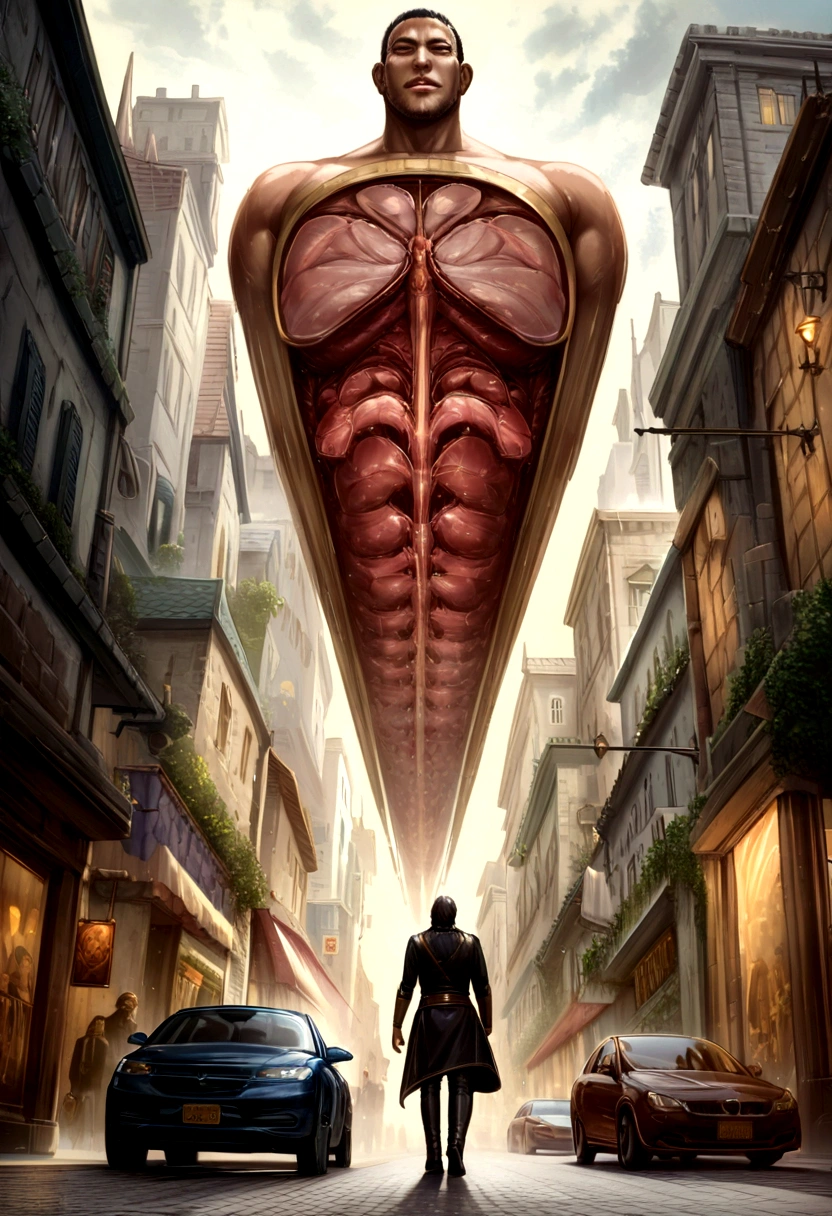 (melhor qualidade, Altas, artistic masterpiece, Realistic:1.2), atmosfera sombria e misteriosa, Young man walking on sidewalk with moving cars in a city, Eerily poetic, Psychological dissection, Conceptual exploration
