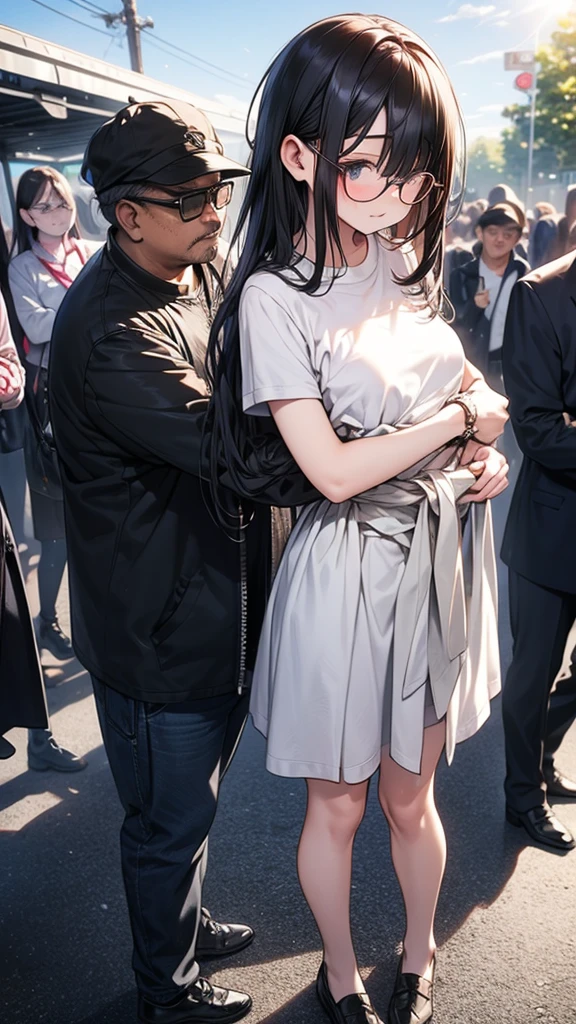 summer、Station platformでWaiting for the train、thick、Sweat、、high school girl、summer服のセーラー服、Student Bags、、Low length、(((((Eyes hidden by long bangs)))))、(((Long black hair:1.2　hair band)))(((Black-rimmed glasses:1.2　black eye)))、Strong sunlight、thicksummerの昼間、Station platform、Waiting for the train、Look at this、Front view、Full Body Shot、Lift your shirt、your 、Beautiful breasts、Touching from behind 1, (((A small, middle-aged man presses his chest against the back of a young woman))) and (((Hold her waist)))、Nipple massage