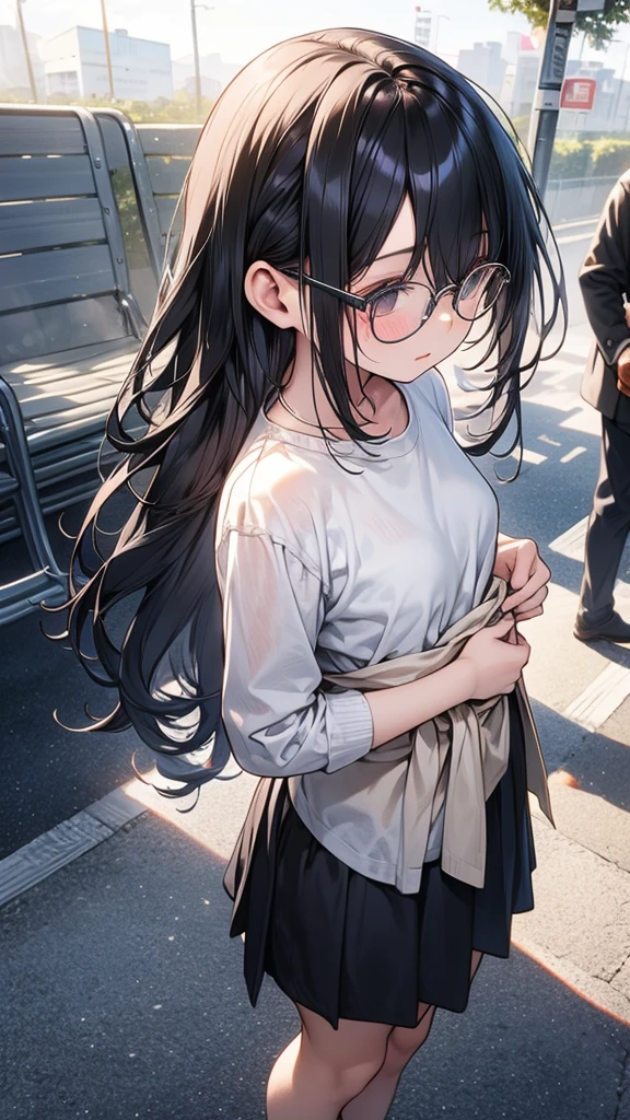 summer、Station platformでWaiting for the train、thick、Sweat、、high school girl、summer服のセーラー服、Student Bags、、Low length、(((((Eyes hidden by long bangs)))))、(((Long black hair:1.2　hair band)))(((Black-rimmed glasses:1.2　black eye)))、Strong sunlight、thicksummerの昼間、Station platform、Waiting for the train、Look at this、Front view、Full Body Shot、Lift your shirt、your 、Beautiful breasts、Touching from behind 1, (((A small, middle-aged man presses his chest against the back of a young woman))) and (((Hold her waist)))、Nipple massage