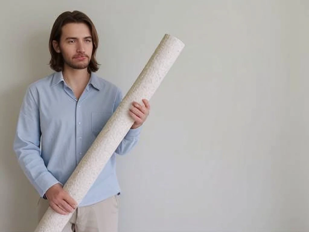 man standing alone at home, in green worker shirt, gray trousers, holding wallpaper roll