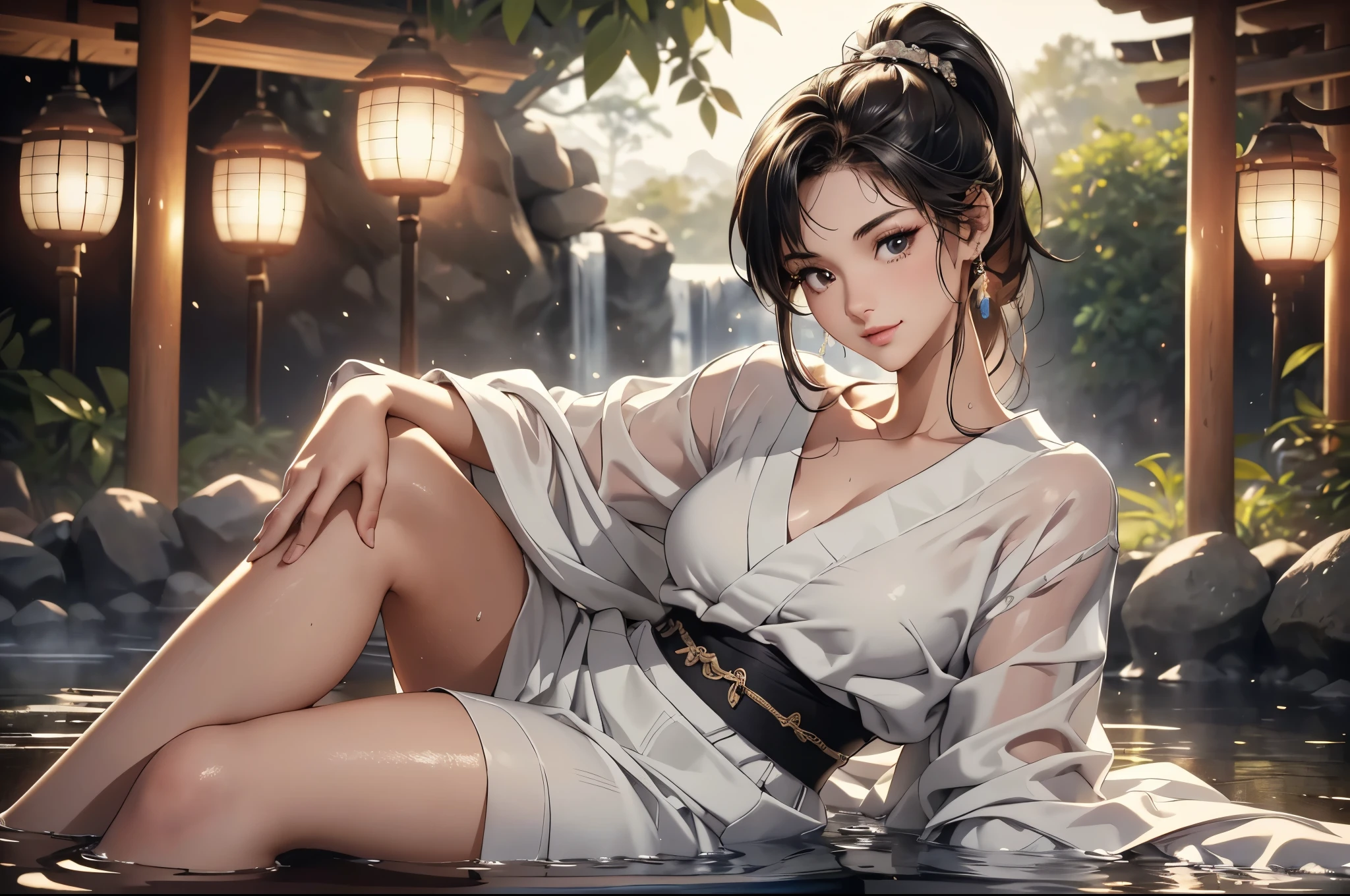 8k, highest quality, ultra high resolution, 1 female, 1980s pop culture anime style, 21 years old, (masterpiece, high resolution, detailed), Japanese, sweating, short cut, ponytail, big breasts (photorealistic) :1.4), (Famous Japanese actress:1.2), very beautiful, cute, professional photo, very delicate and beautiful, very detailed, very detailed beautiful girl, very detailed face, very detailed eyes, very detailed skin, very detailed fingers, very detailed nose, very detailed mouth, perfect anatomy, realistic body, fair skin, shiny skin, slender body, good figure, looking at viewer, smile, cute laugh Face (Black hair, (Ponytail, Beautiful girl, Perfect small face, D cup, Thin, Top quality, Ultra high resolution, Detailed background, Masterpiece, Anatomically correct, Detailed face, Beautiful face in every detail, Cute 20 Beautiful girl in her s, black hair, highest quality, 4K quality, hot spring, sitting woman, woman in yukata, woman's ponytail, woman is 21 years old Steam, sweat,