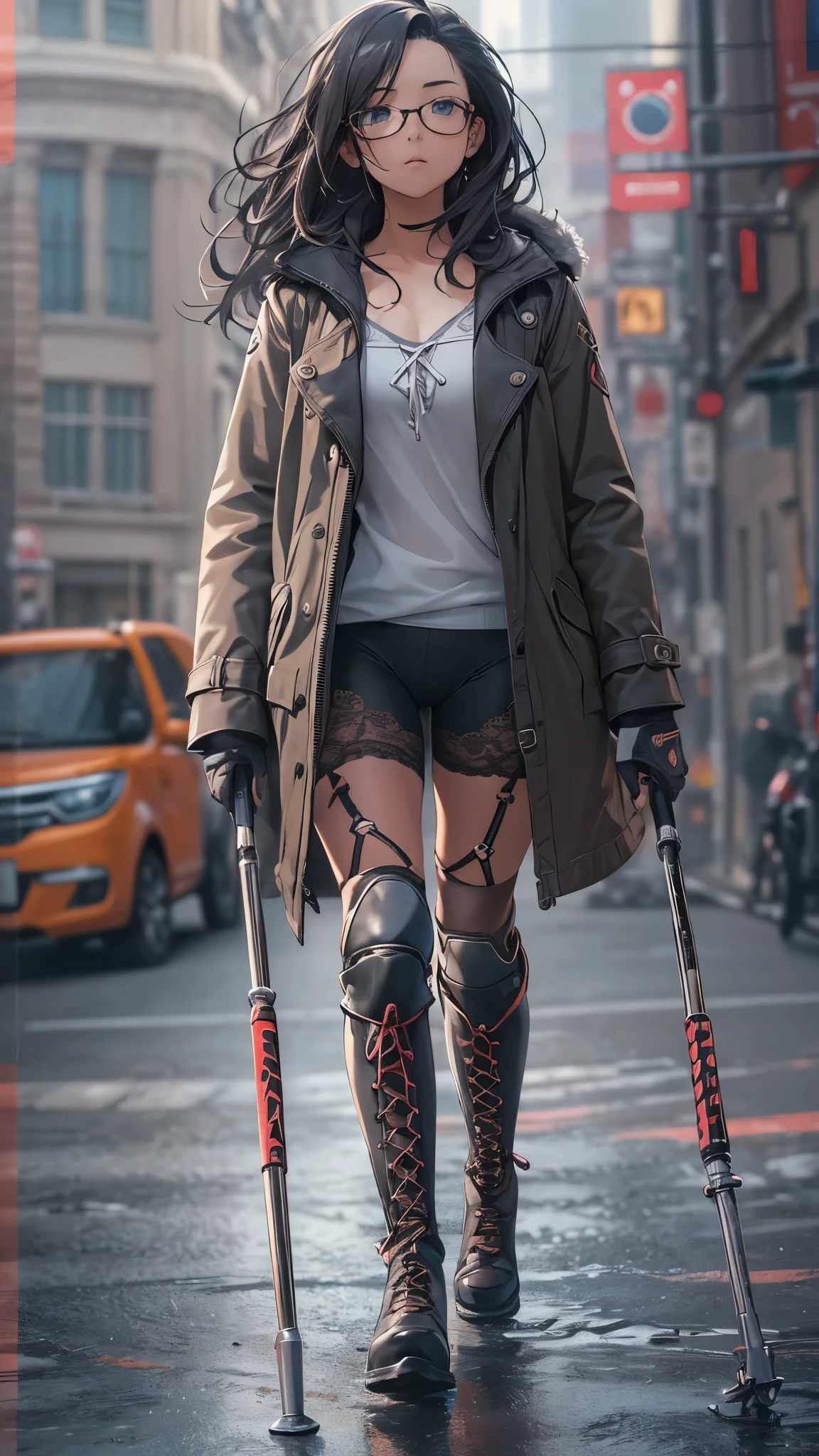 (Very detailed, Realistic), Cityscape, [moderately:Oil], [Professional:1.1], [Physically Based Rendering], [Bright colors], [Sharp focus], [Studio Lighting], [Extreme Detail], [Highest quality,4K,8K,High resolution,masterpiece:1.2],(Detailed face),((inside the street)),((there is many peoples in the street)),((One 18-year-old woman)),(Glasses),(Black unkempt hair),(dark),(it hurts),(Scary),[Nervous eyes],((many peoples are watching her of crutche’s user)),((She walks with crutch,Crutch length from armpit,Crutch are at her side)),((she leans on crutch)),((she’s putting on her legs in cast)),((leg braces)),((leg braces)),((she’s crutches user)),((Her feet are turned inwards)),(winter clothes ladies fashion,trench coat,tights),((lace-up-long-boots)),(gloves,Knee pads),.