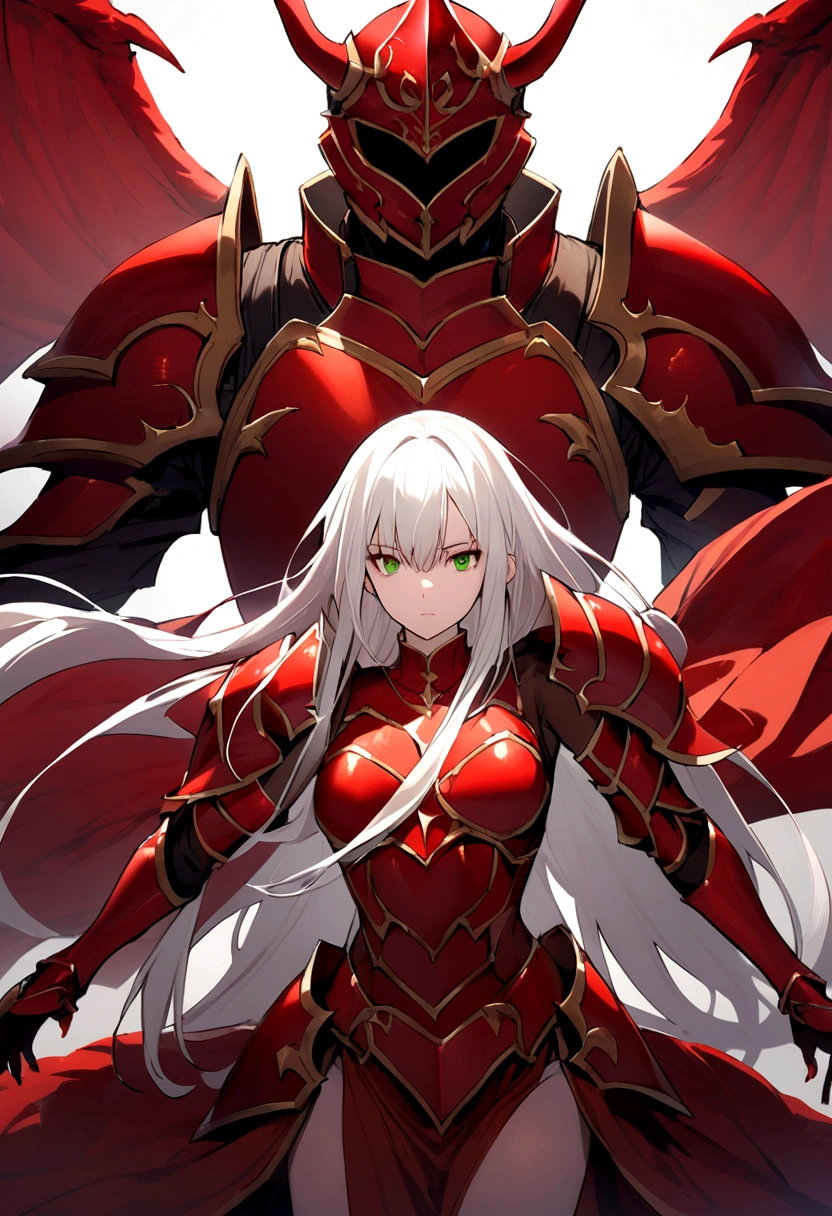 Create a woman she has long straight white hair, and is wearing red dragon armor with green orbs encrusted, his face is covered by the armor&#39;s helmet, She has red wings and a red tail sticking out of her armor., armor&#39;s eyes are green, his face cannot be seen as the armor covers, she has a defined body and a serious look 