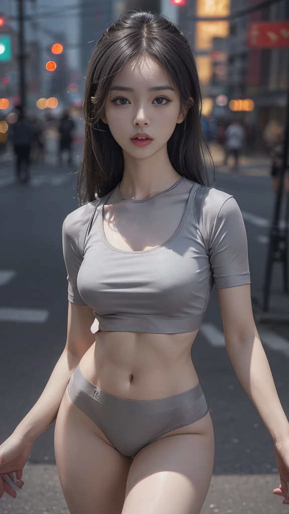 ((Realistic lighting, Best quality, 8K, Masterpiece: 1.3)), Clear focus: 1.2, 1 Korean girl, Perfect Figure: 1.4, Slim Abs: 1.1, See through, tight clothing, ((Korean)), (panties: 1.4), (Grey crop top: 1.4), (Outdoor, Night: 1.1), City streets, Super fine face, Fine eyes, Double eyelids,