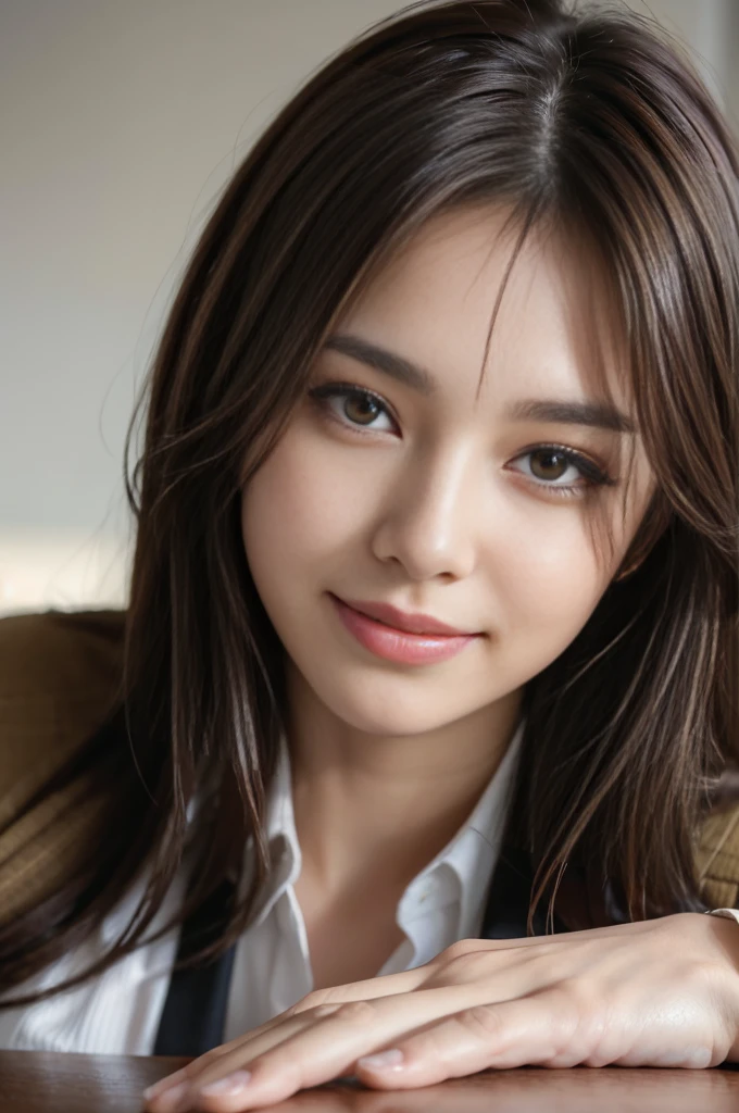 On the table, best quality, Practical, Very detailed, Finely, high resolution, 8k wallpaper, 1 beautiful woman,, Light brown messy hair, Wearing a suit, Clear focus, Perfect dynamic composition, Finelyて美しい目, Thinning hair, Detailed and Practical skin texture, Smile, Close-up portrait, Model figure