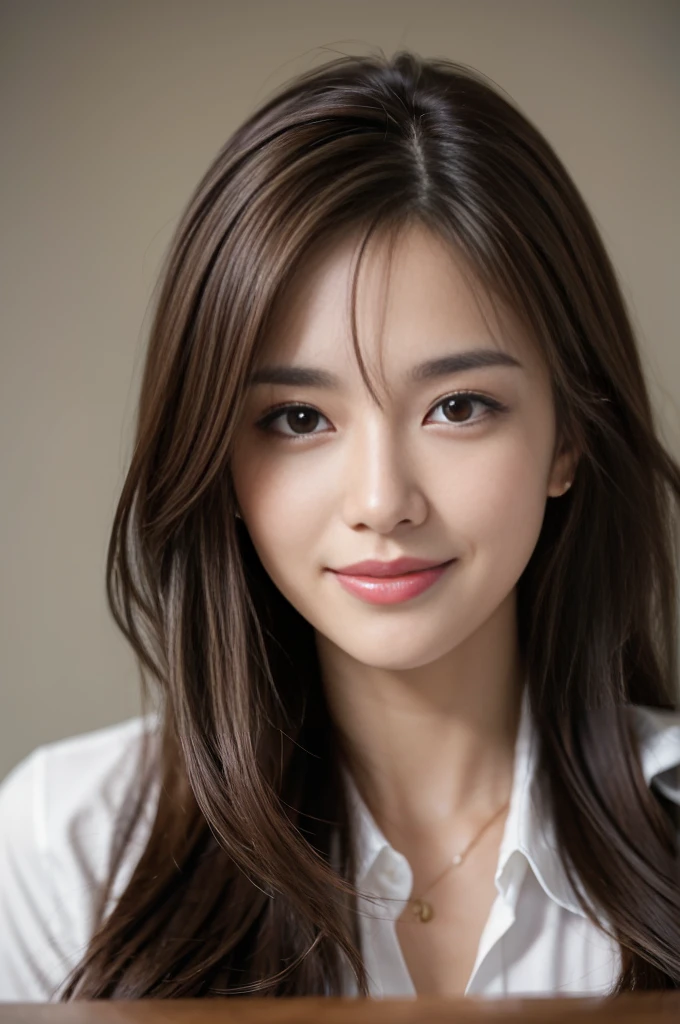 On the table, best quality, Practical, Very detailed, Finely, high resolution, 8k wallpaper, 1 beautiful woman,, Light brown messy hair, Wearing a suit, Clear focus, Perfect dynamic composition, Finelyて美しい目, Thinning hair, Detailed and Practical skin texture, Smile, Close-up portrait, Model figure