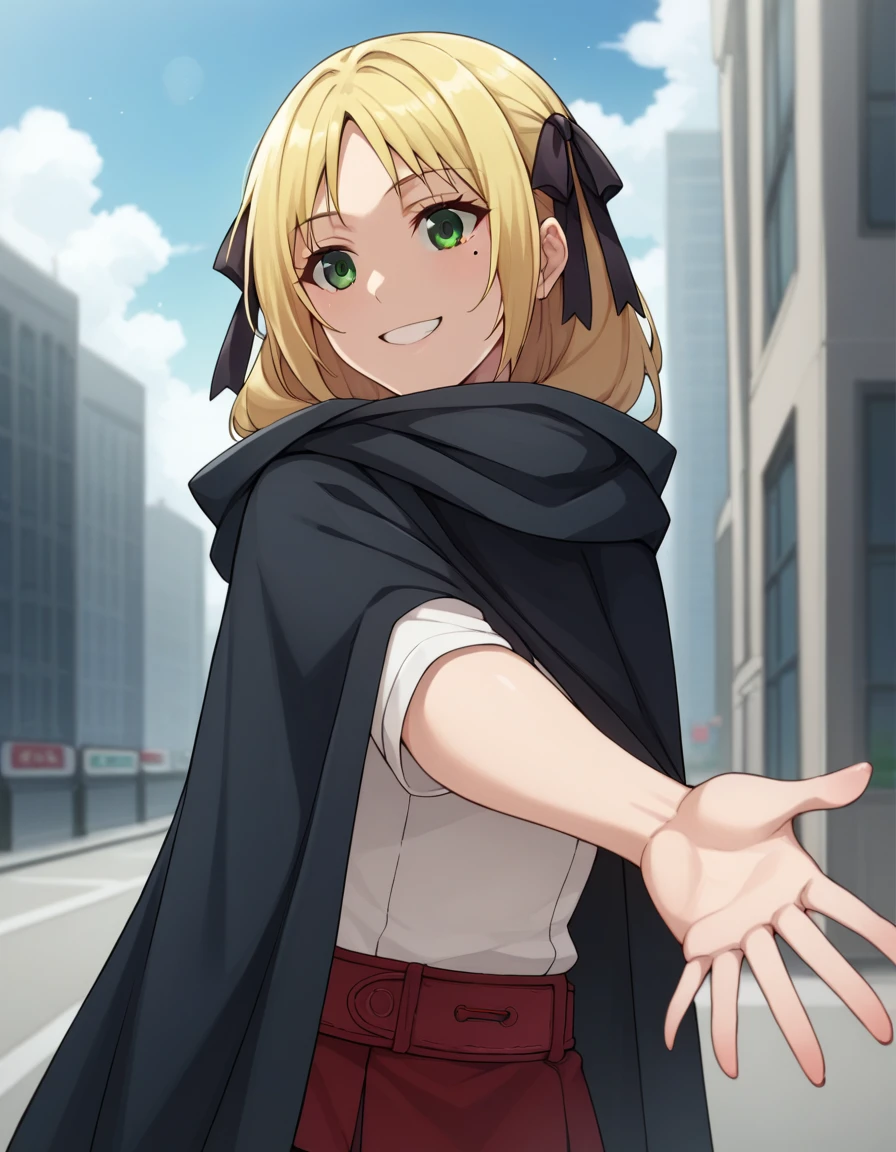 Solo, 1girl, esther rosenthal, smile, long hair, blonde hair, (green eyes:1.5), mole, mole under eye, black ribbon, black bow, hair ribbon, skirt, black cloak, cape, best quality, city 