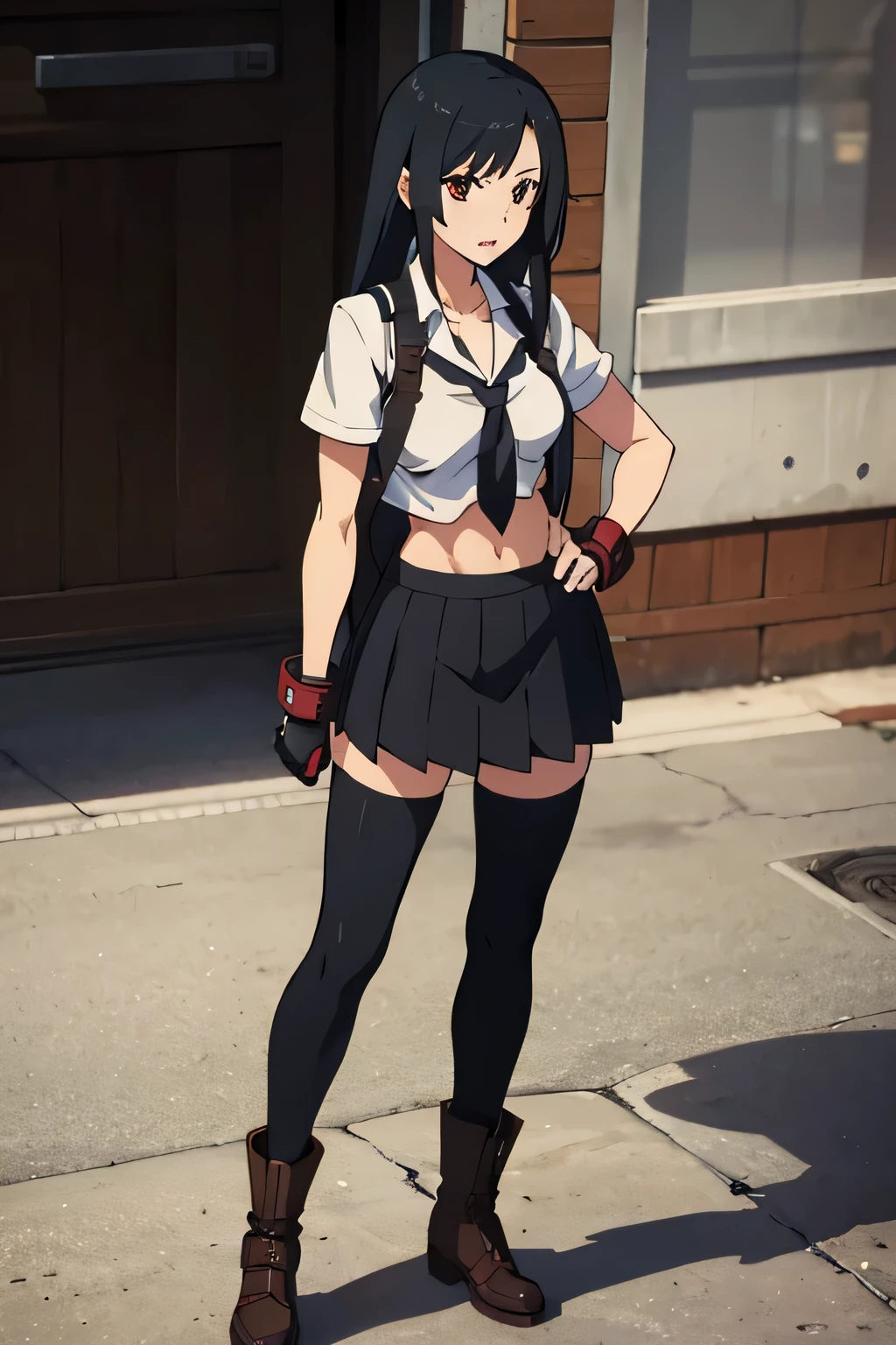 1girl, student uniform, black hair, young tifa lockhart, revolution