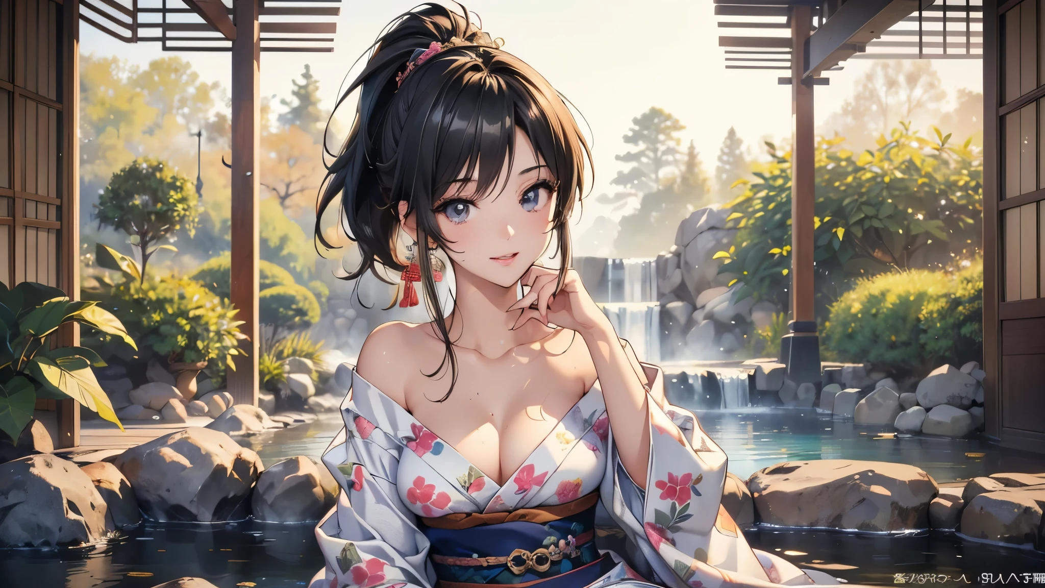 8k, highest quality, ultra high resolution, 1 female, 1980s pop culture anime style, 21 years old, (masterpiece, high resolution, detailed), Japanese, sweating, short cut, ponytail, big breasts (photorealistic) :1.4), (Famous Japanese actress:1.2), very beautiful, cute, professional photo, very delicate and beautiful, very detailed, very detailed beautiful girl, very detailed face, very detailed eyes, very detailed skin, very detailed fingers, very detailed nose, very detailed mouth, perfect anatomy, realistic body, fair skin, shiny skin, slender body, good figure, looking at viewer, smile, cute laugh Face (Black hair, (Ponytail, Beautiful girl, Perfect small face, D cup, Thin, Top quality, Ultra high resolution, Detailed background, Masterpiece, Anatomically correct, Detailed face, Beautiful face in every detail, Cute 20 Beautiful girl in her s, black hair, highest quality, 4K quality, hot spring, sitting woman, woman in yukata, woman's ponytail, woman is 21 years old Steam, sweat,